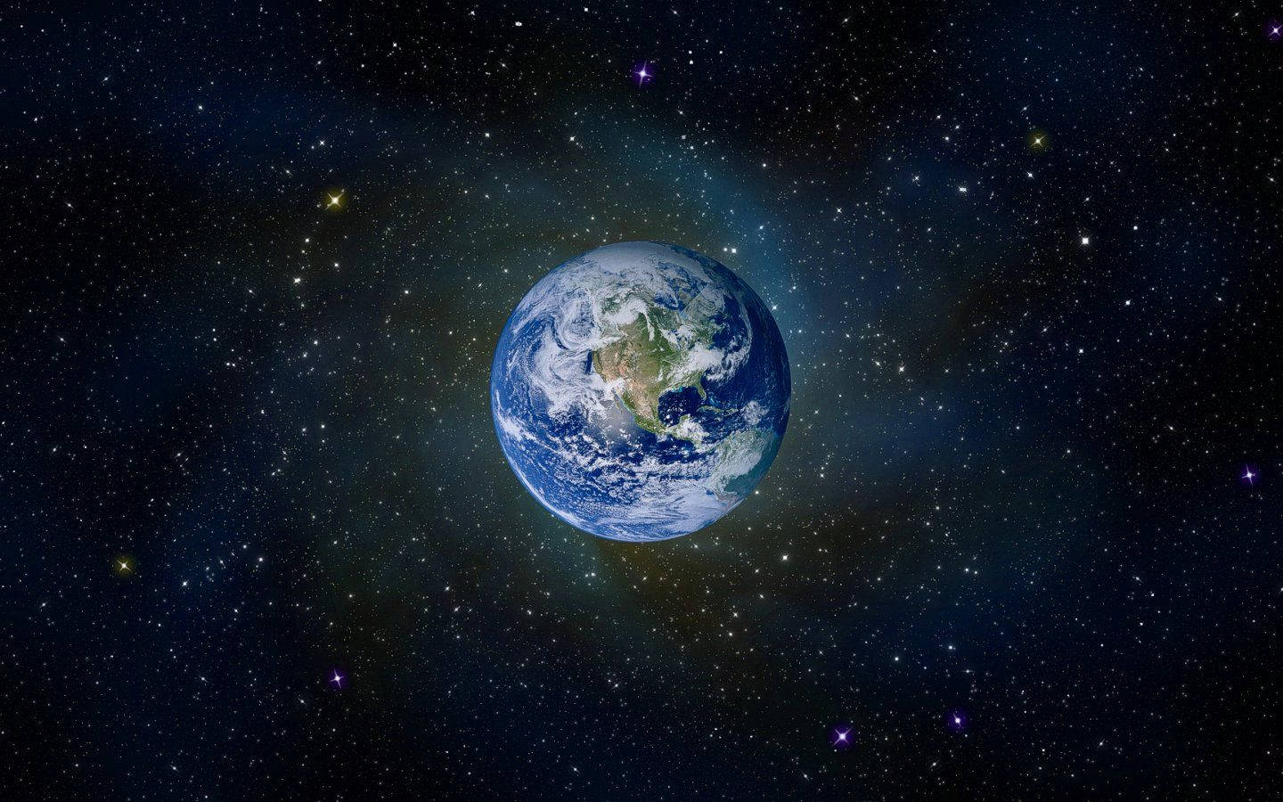 4K 地球於宇宙中 壁紙 — 從太空俯瞰地球的壯麗景色，周圍是充滿活力的星場，發光的星雲和色彩繽紛的遙遠恆星。