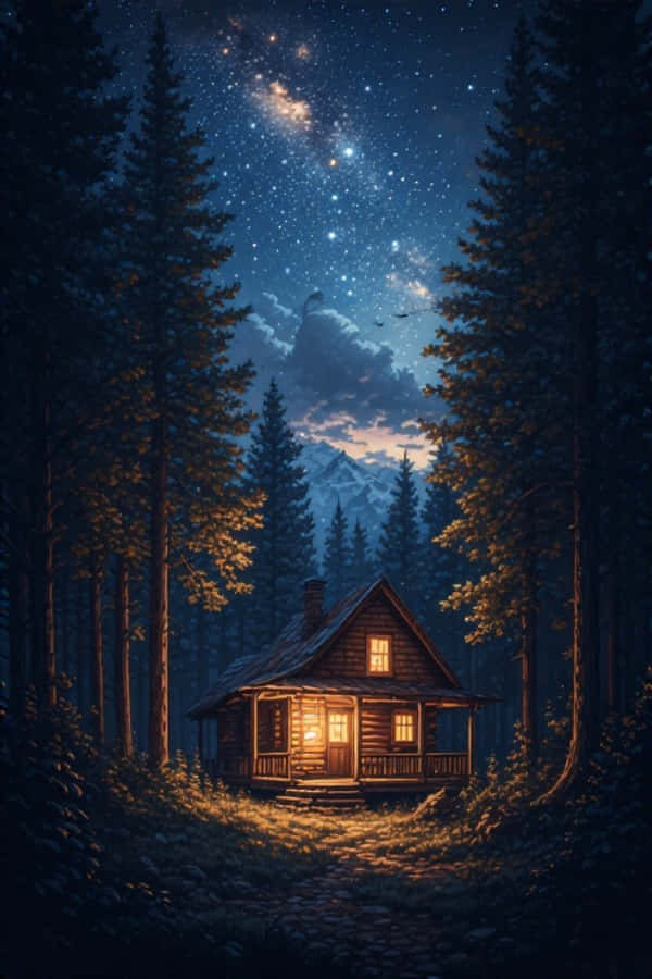 森林中溫馨夜間小屋，繁星點點 4K 壁紙 — 一間舒適的木屋在繁星點點的夜空下溫暖地發光，周圍是高聳的松樹。