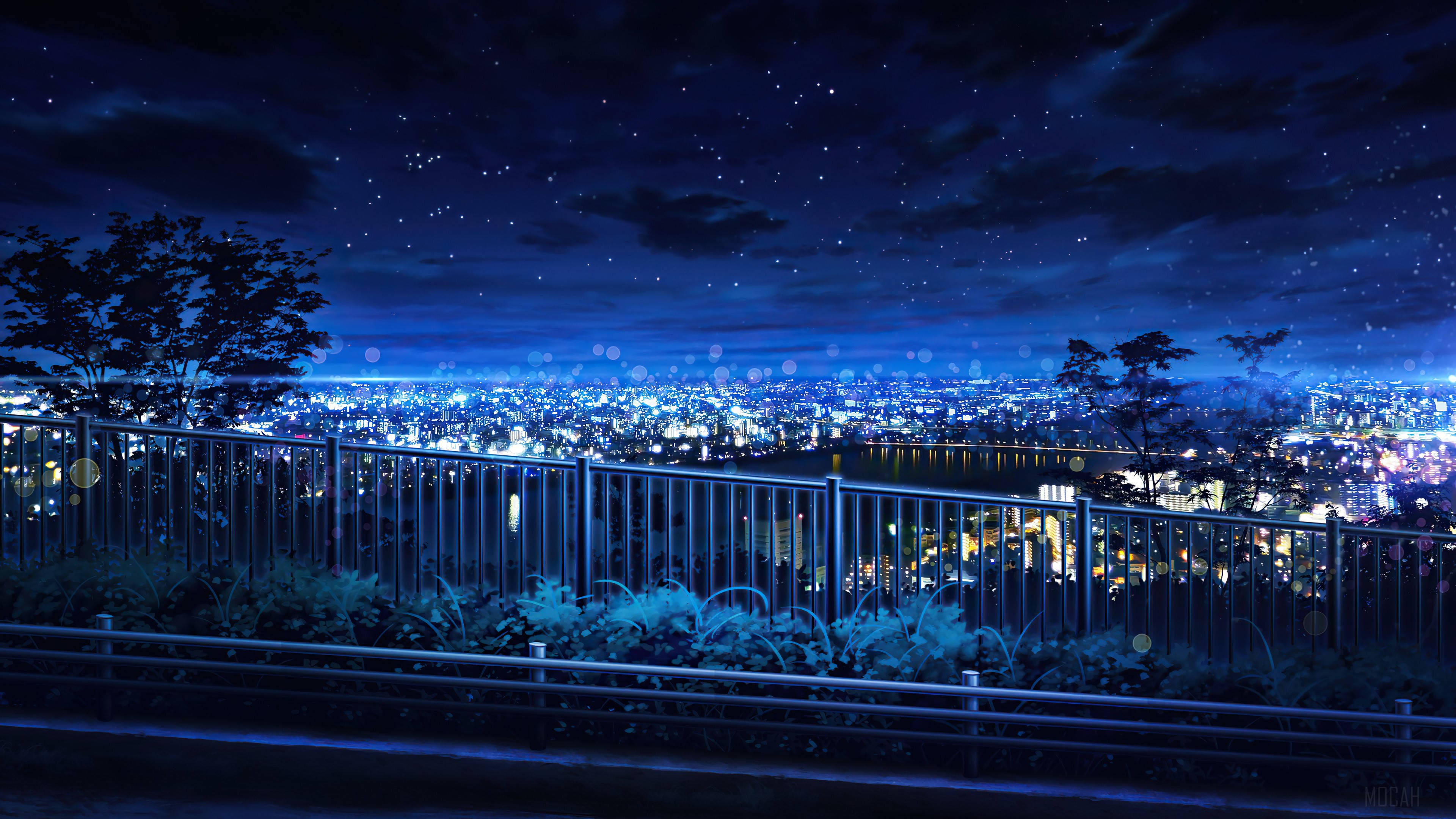 4K超高清夜間城市 壁紙 — 寧靜的夜景，廣闊的城市天際線在星空下閃耀，前景有欄杆。