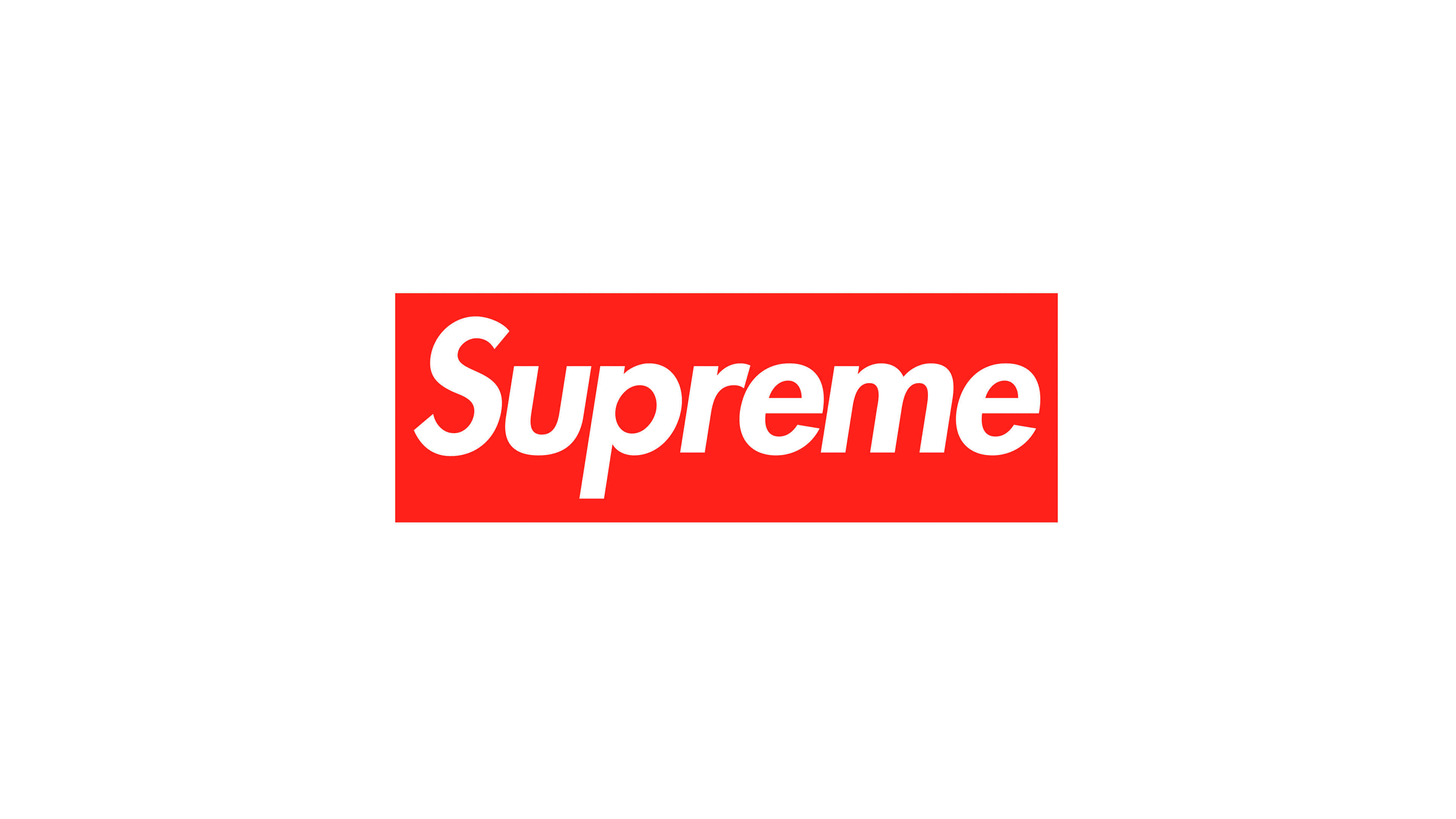 紅白配色 4K Supreme 壁紙 — 一個大膽的紅色長方形，中央有白色 'Supreme' 文字，置於純白背景上。