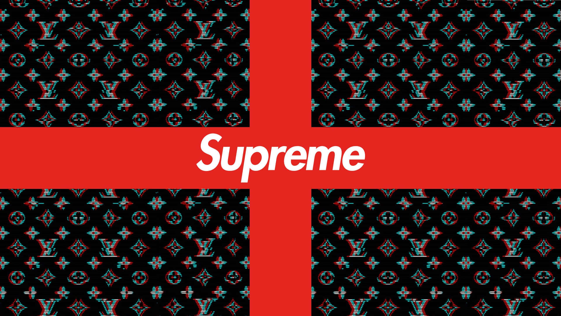 紅色十字架，帶有Supreme標誌，背景為故障效果的Louis Vuitton圖案。