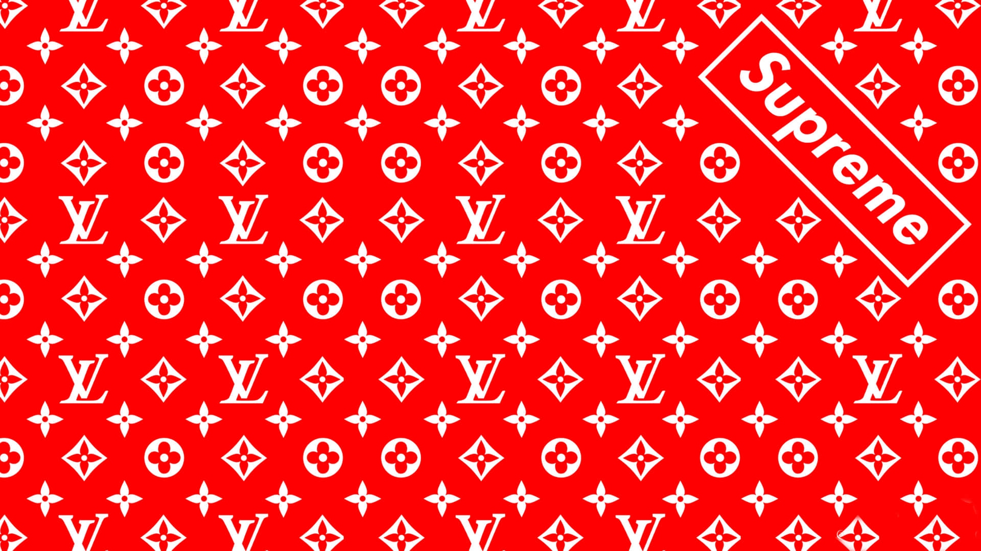 紅色背景，帶有白色Louis Vuitton字母組合和對角線Supreme標誌。