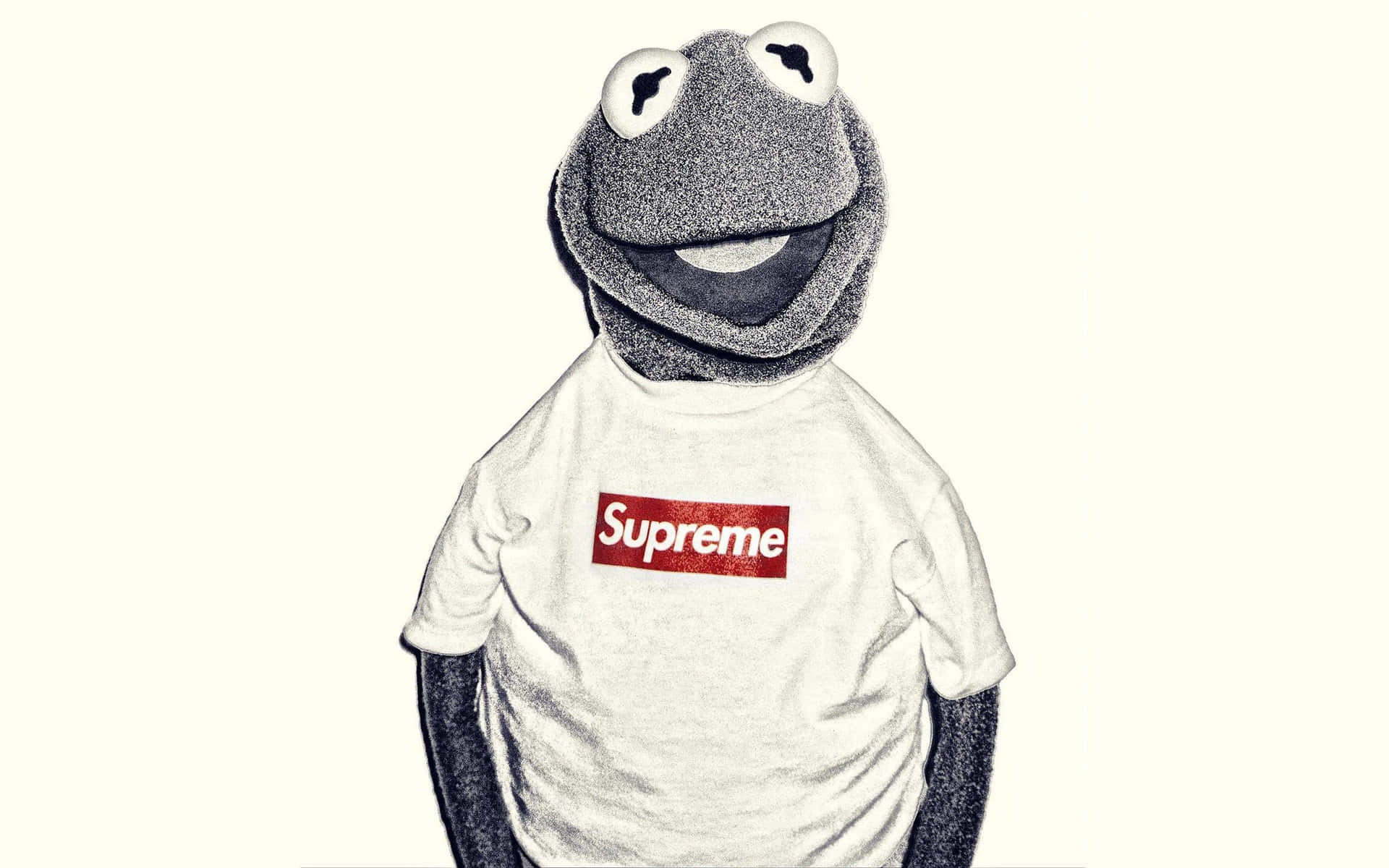 穿著白色Supreme T恤的青蛙柯密特木偶。