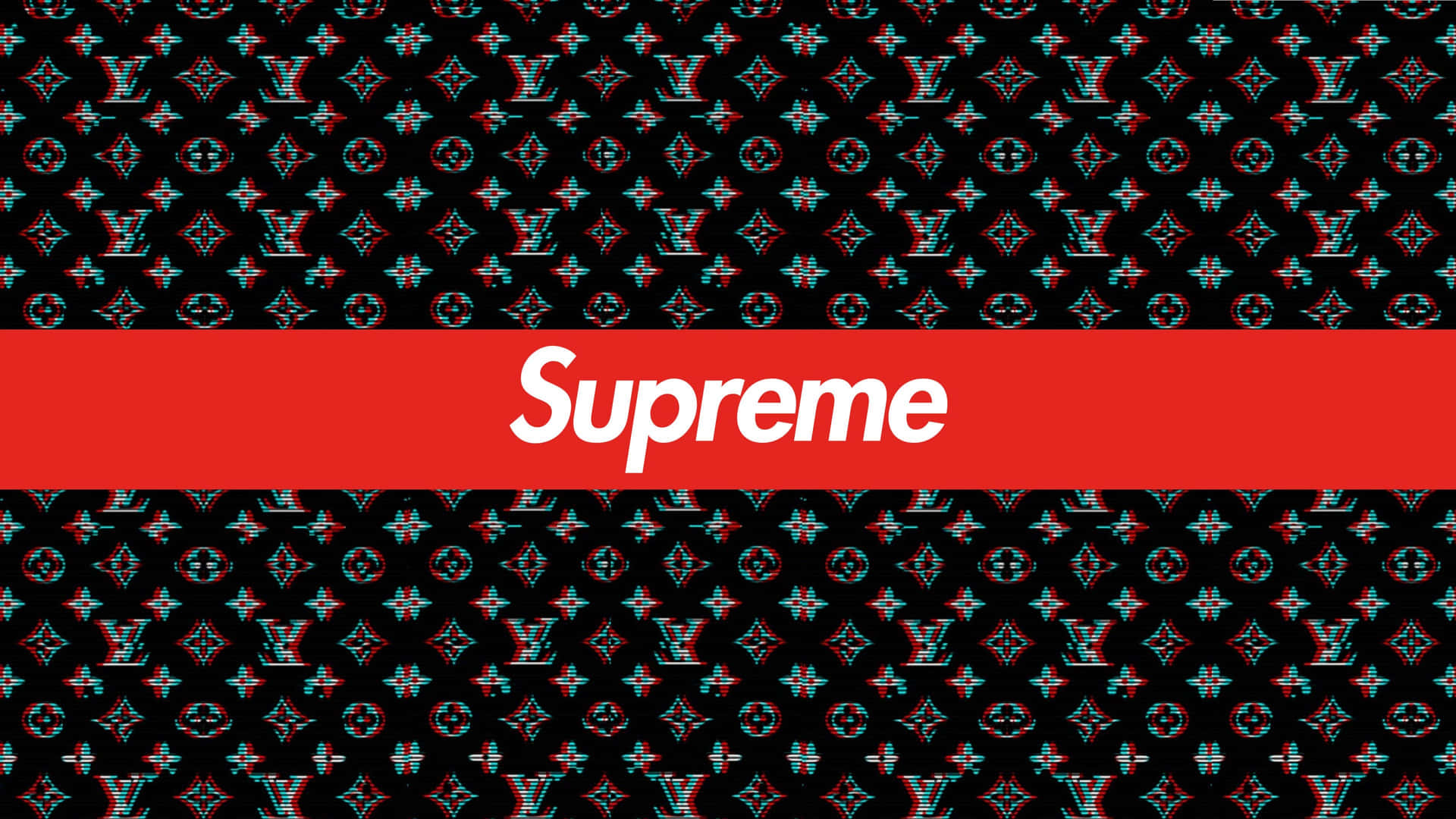 紅色Supreme標誌在故障效果Louis Vuitton字母組合圖案背景上。