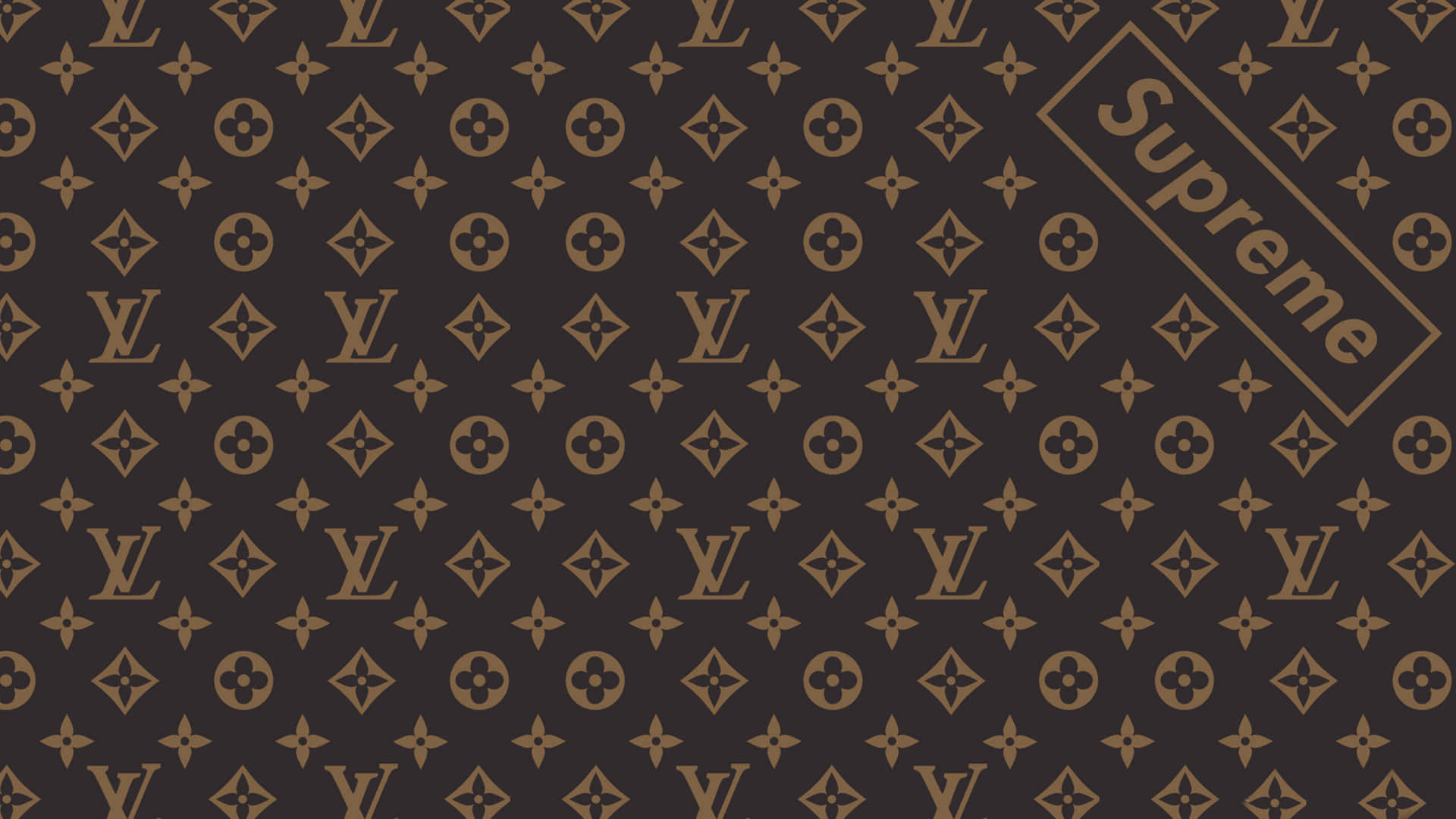 深棕色牆紙，帶有金色Louis Vuitton monogram和對角線Supreme標誌。