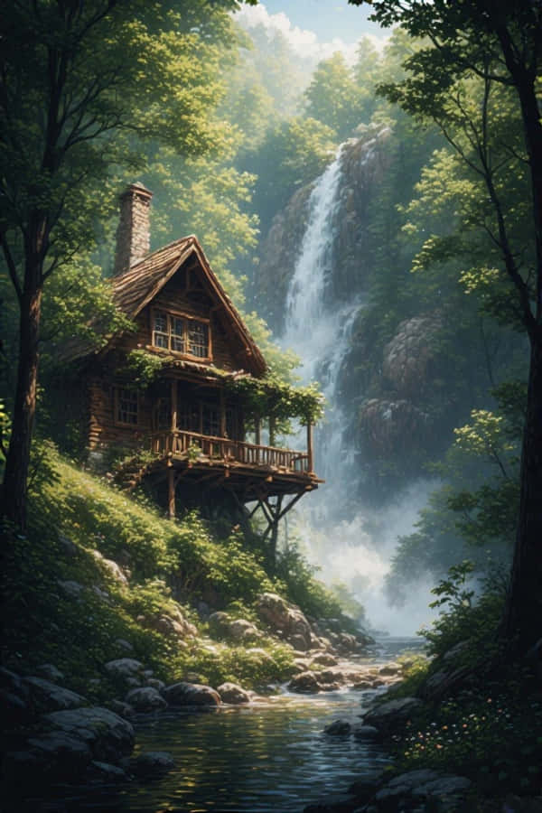瀑布旁的溫馨小木屋，夢幻自然風景，4K 壁紙 — 一座質樸的木屋坐落在長滿苔蘚的懸崖邊，旁邊是陽光普照的森林中的瀑布。