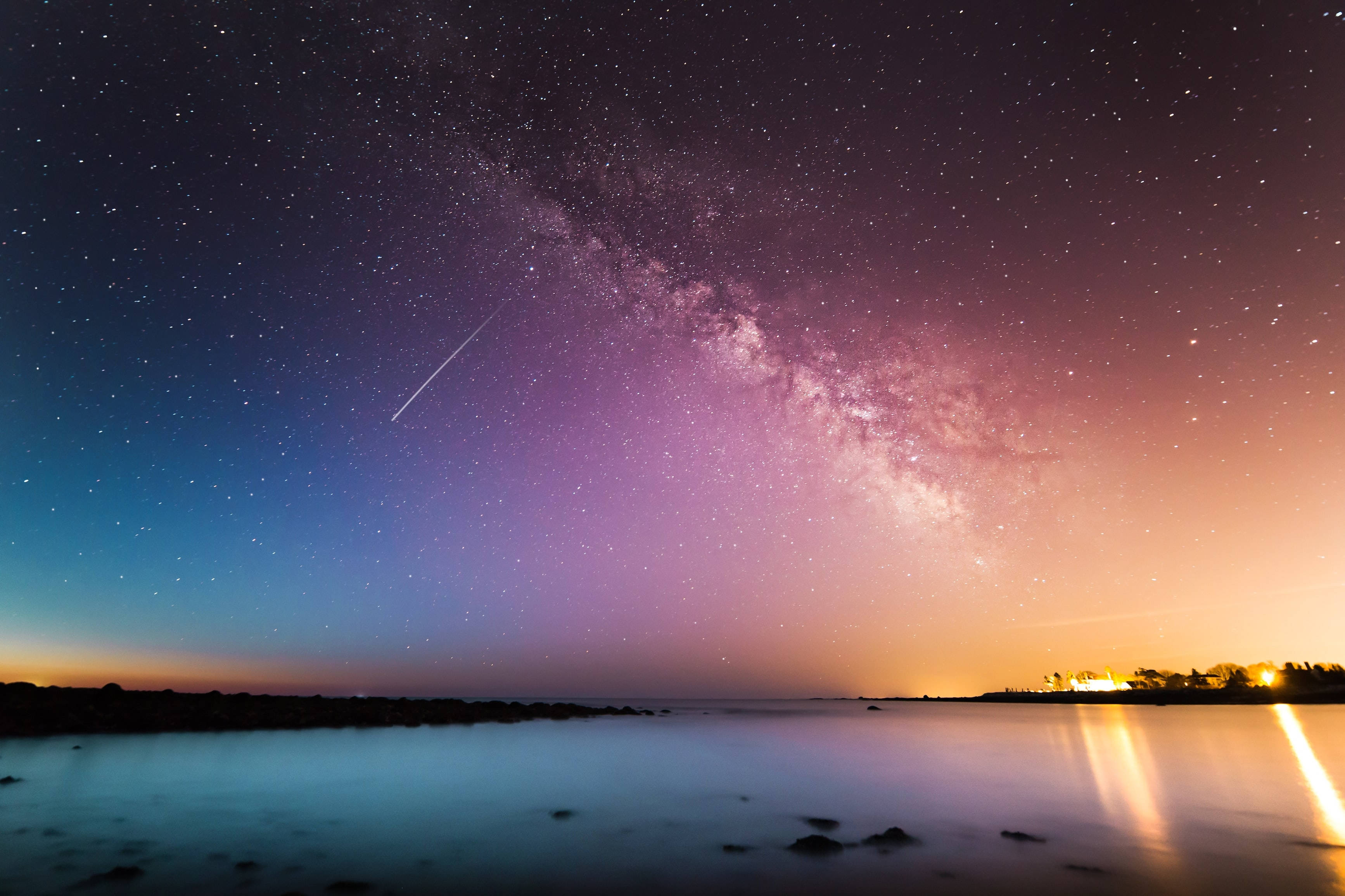 彩色地平線與海洋的4K平壁紙 壁紙 — 一個繁星點點的夜空，一顆明亮的流星劃過平靜的湖面，湖面反射著溫暖的地平線燈光。