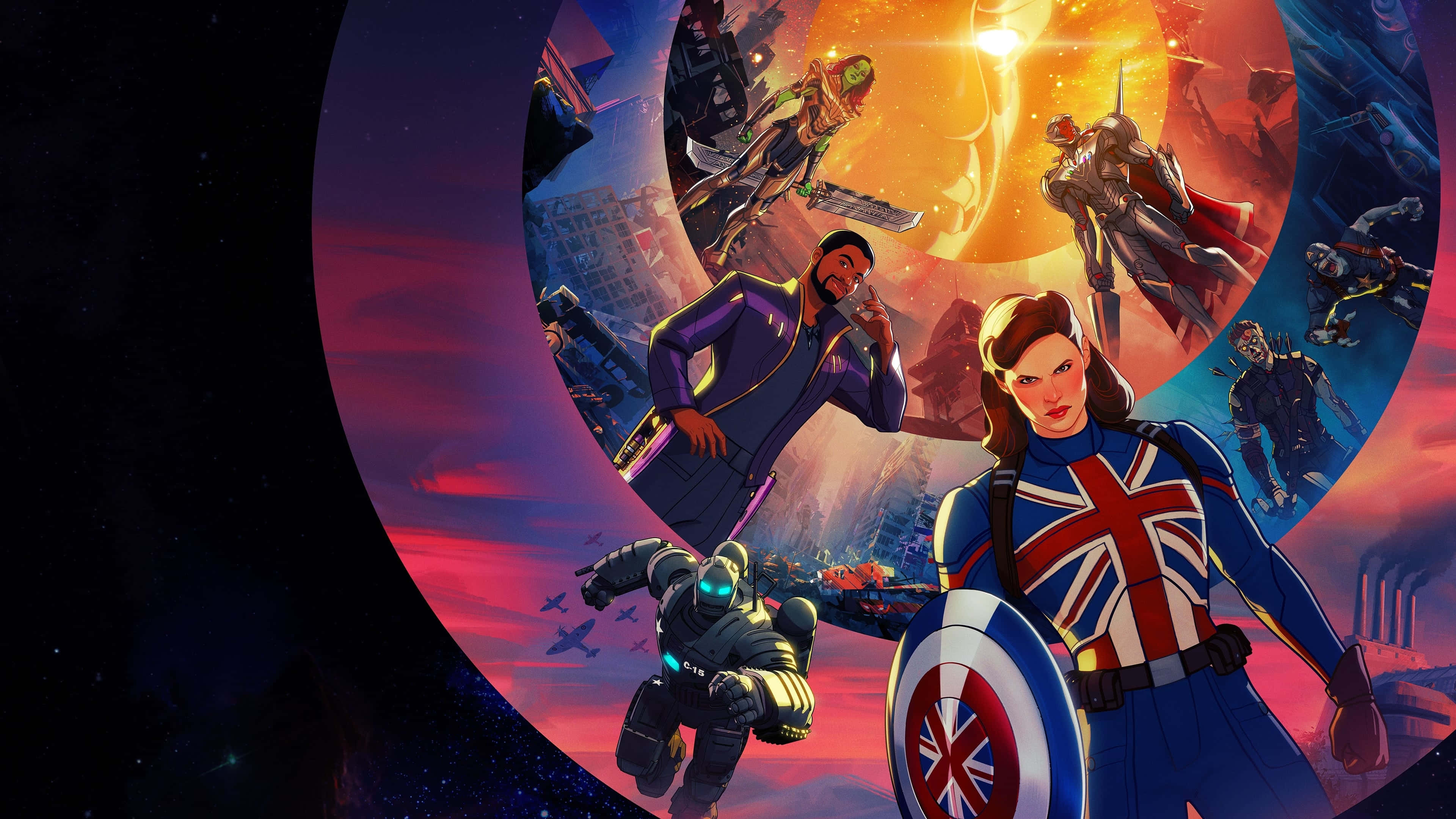 超高清 4K UHD 桌面背景 壁紙 — 一張動態動漫風格海報， featuring Captain Britain 和其他英雄在充滿活力的旋轉漩渦中與反派進行宇宙級戰鬥。