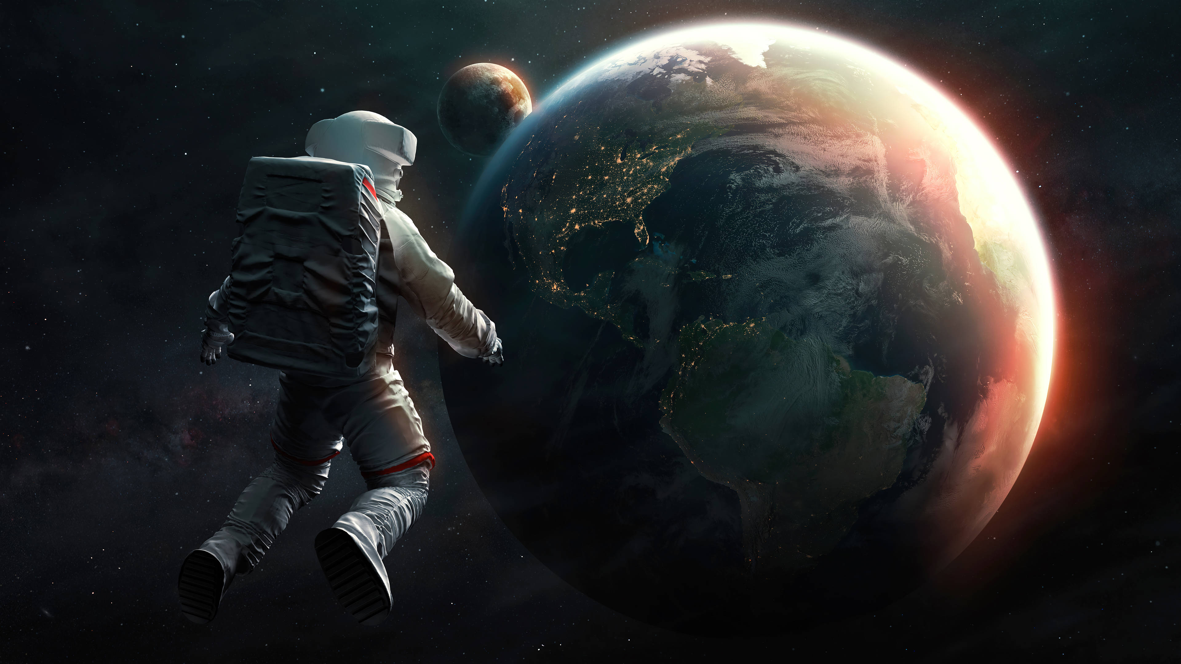 4K UHD 太空漫步 壁紙 — 一名太空人在太空漂浮，地球在背後發光，星空中有一顆遙遠的行星。