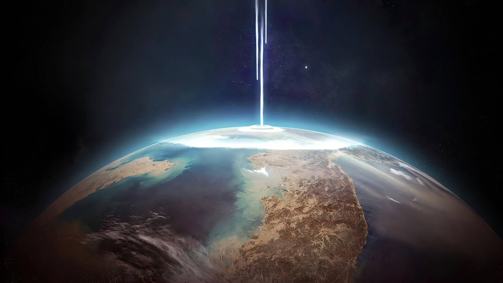 一道明亮的光束從太空降落到行星上，顯示陸地和海洋。