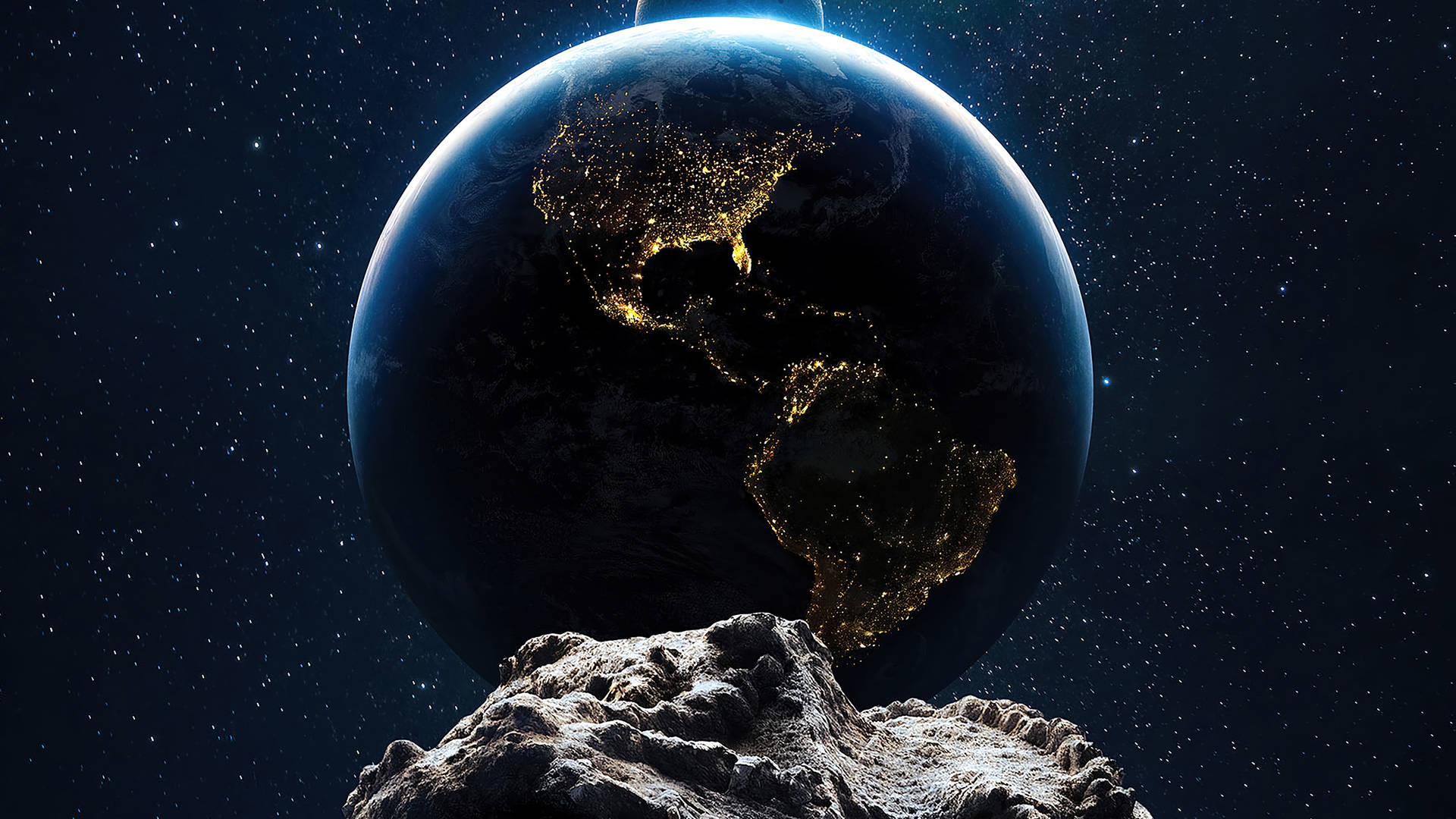 地球帶有城市燈光漂浮在太空中的小行星上方