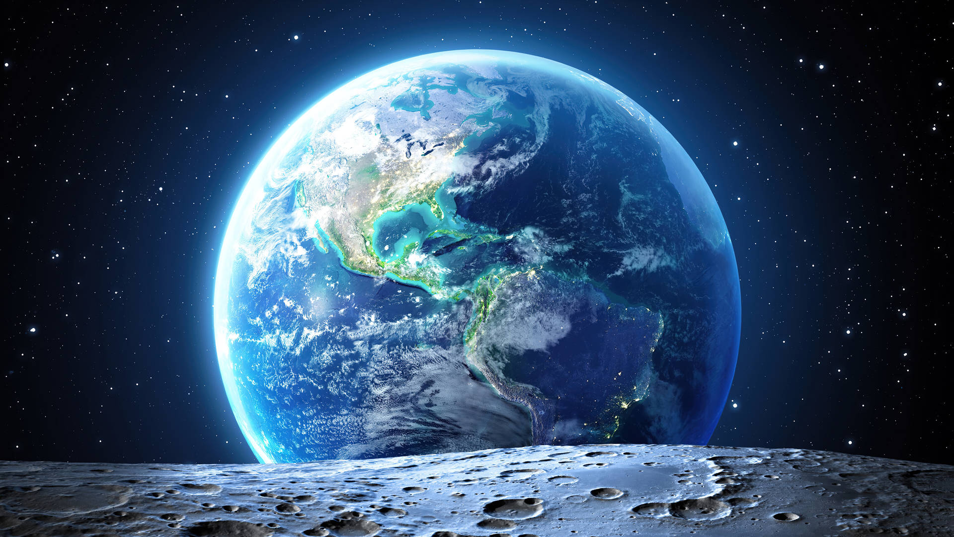 從月球表面觀看地球，背景有星星。