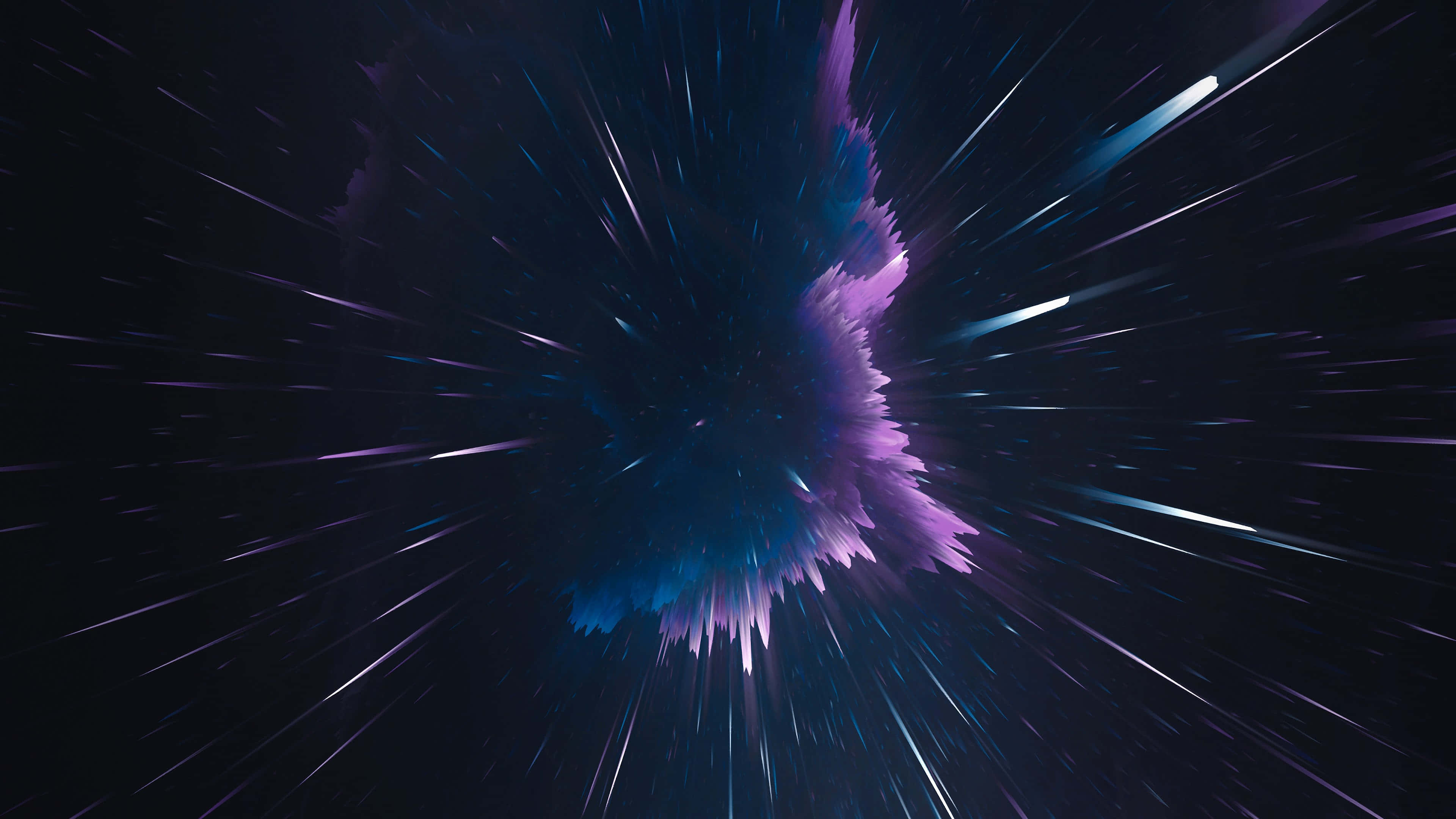 探索深邃宇宙的4K背景 壁紙 — 在高速太空旅行期間，紫色和藍色能量的宇宙爆炸通過星場向外輻射。