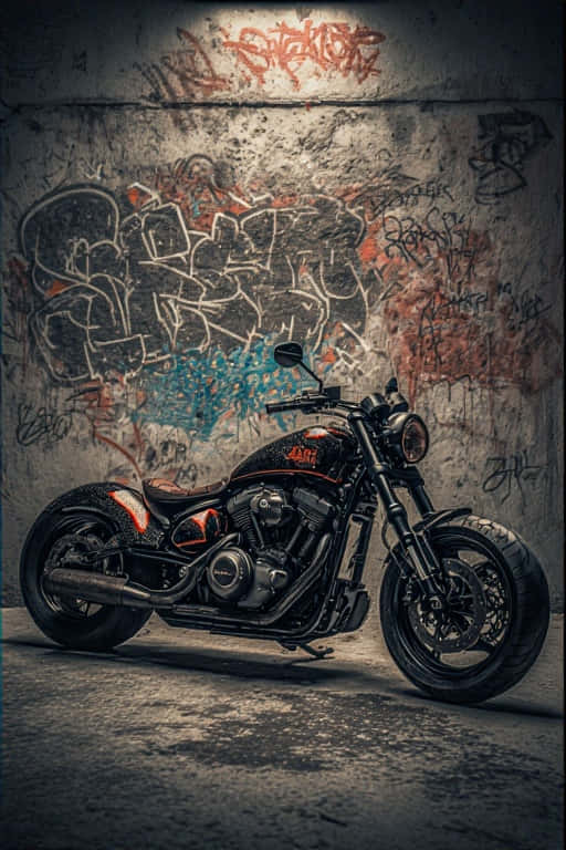 4K Urban Motorcycle Wallpaper with Graffiti Wall 壁紙 — 一輛帶有橙色點綴的黑色定制摩托車停在一個骯髒的小巷中，小巷裡佈滿了色彩繽紛的塗鴉，只有一盞聚光燈照亮。