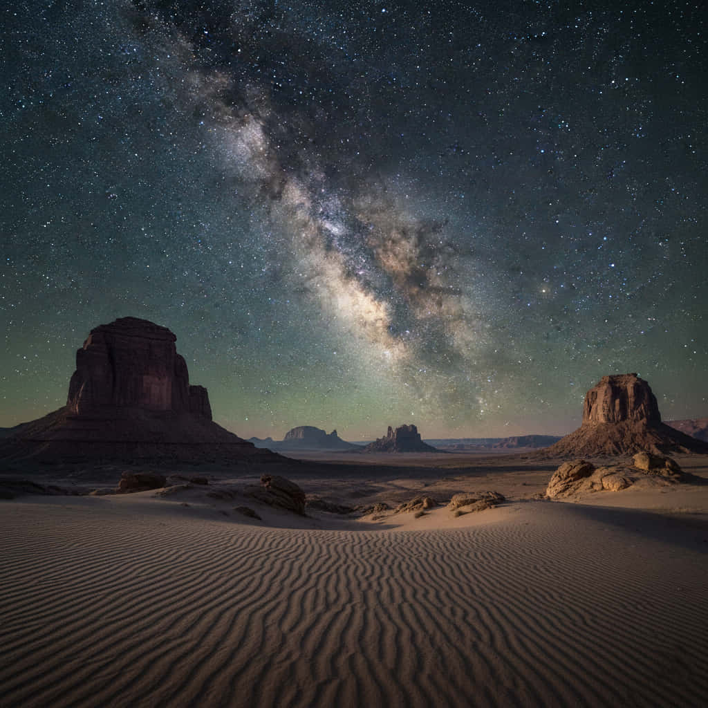 夜幕沙漠上的繁星——銀河4K壁紙 壁紙 — 夜晚的沙漠景觀，有波紋狀的沙丘和高聳的岩石 formations，在充滿銀河的星空下。