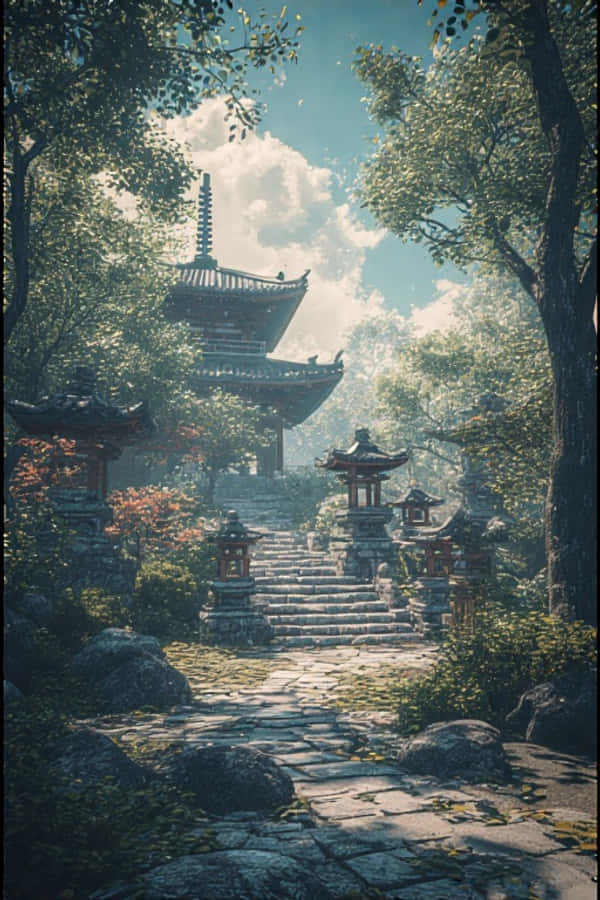 寧靜禪園配石燈籠，極簡風格 4K 壁紙 — 一條石徑蜿蜒穿過茂密的綠樹，通往一座傳統的多層寶塔，上方是晴朗的藍天和蓬鬆的白雲。