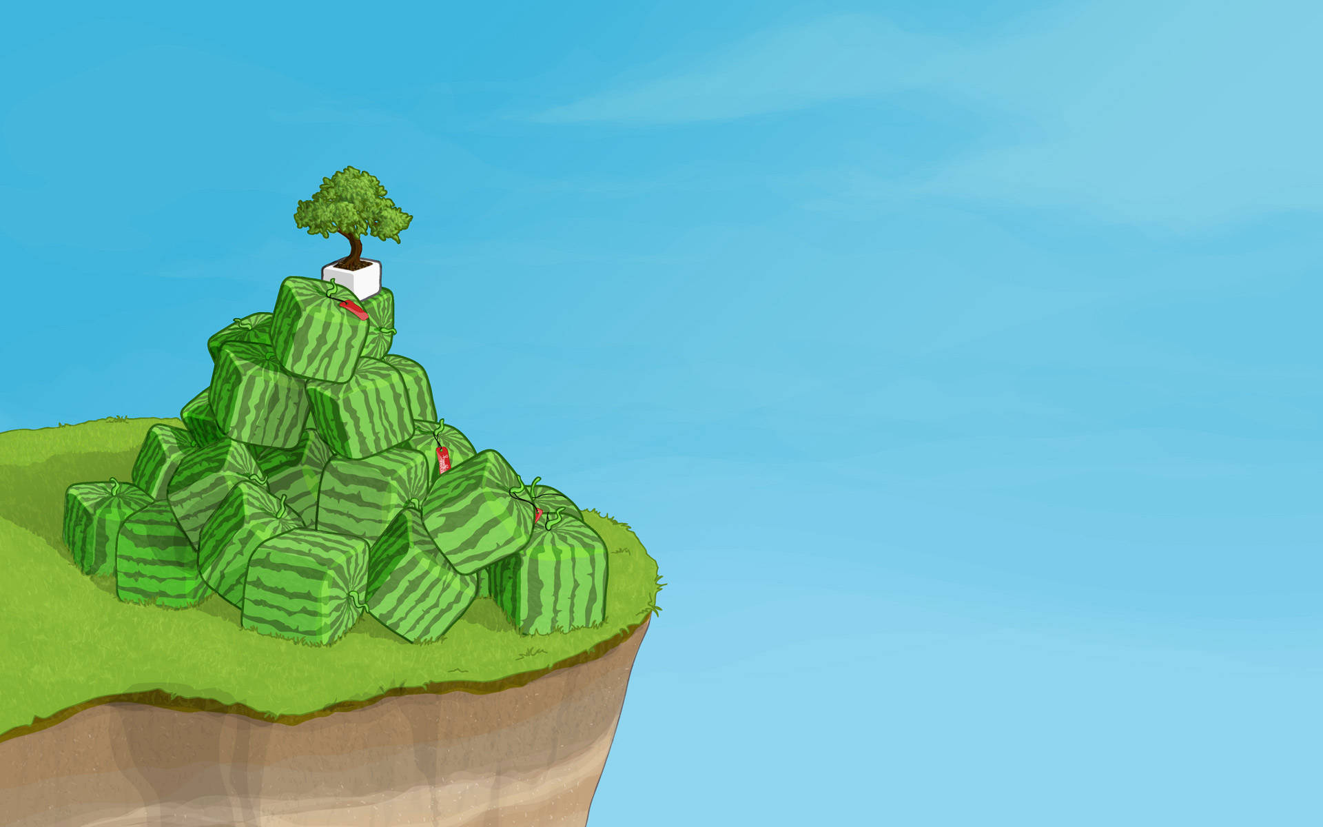 4K自然西瓜 壁紙 — 一棵孤獨的樹在白色花盆中，站在由堆疊西瓜組成的懸崖頂上，下方是清澈的藍天。