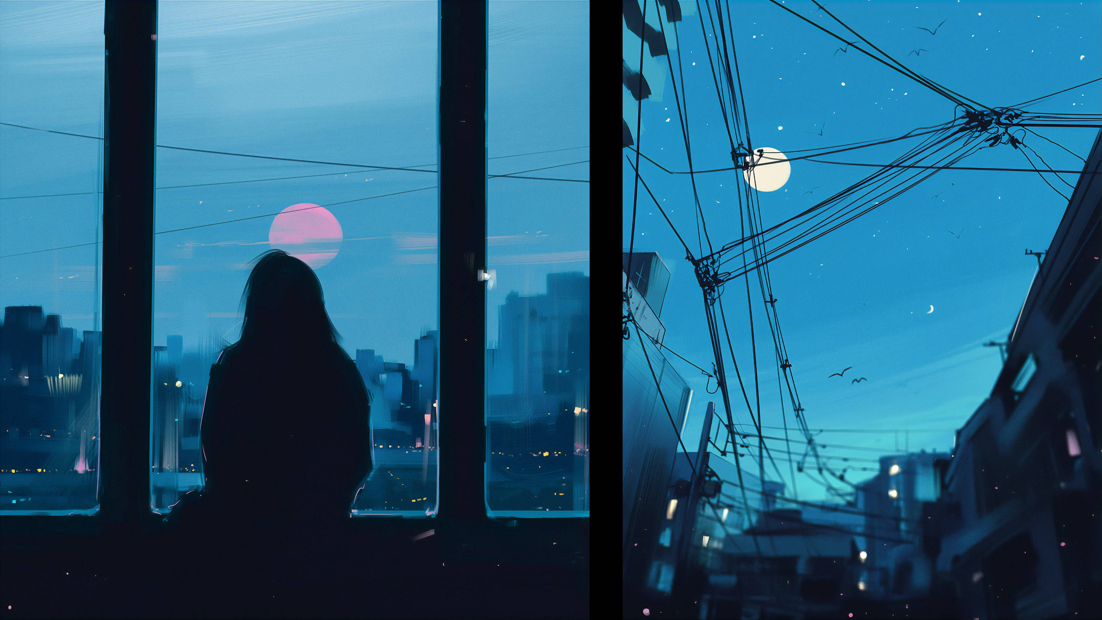 窗邊動漫女孩傷感 4K 壁紙 — 一個孤獨的身影凝視窗外，看著粉紅色的夕陽落在城市景觀之上，旁邊是一條月光照耀、電線纏繞的小巷。