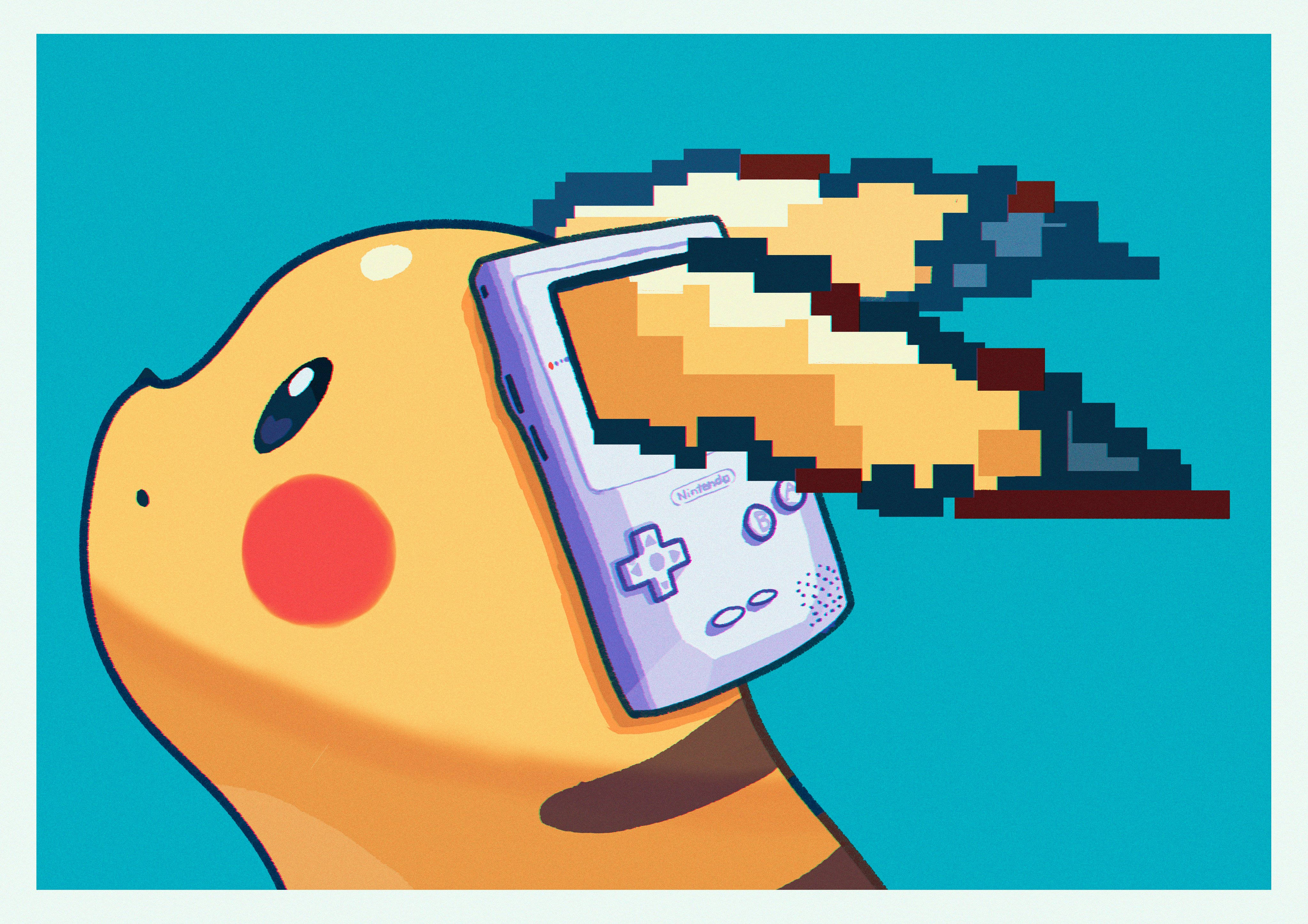 皮卡丘 4K 像素化耳朵 壁紙 — 一隻卡通皮卡丘拿著Game Boy，螢幕上爆發出像素火焰，背景為青綠色。