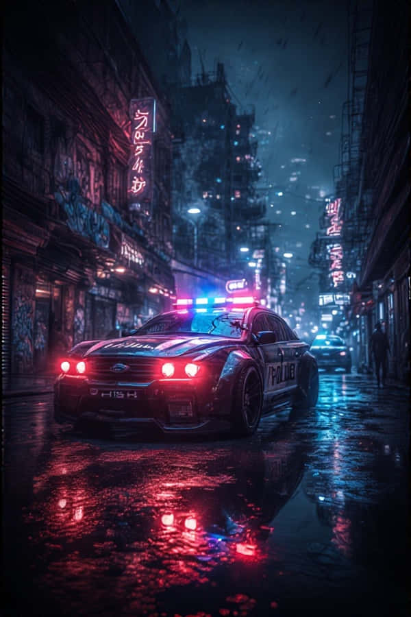 霓虹都市中未來感警車巡邏 4K 壁紙 — 一輛警車閃爍著紅藍燈光，在夜晚駛過一條被雨水浸濕、霓虹燈照亮的後巷。