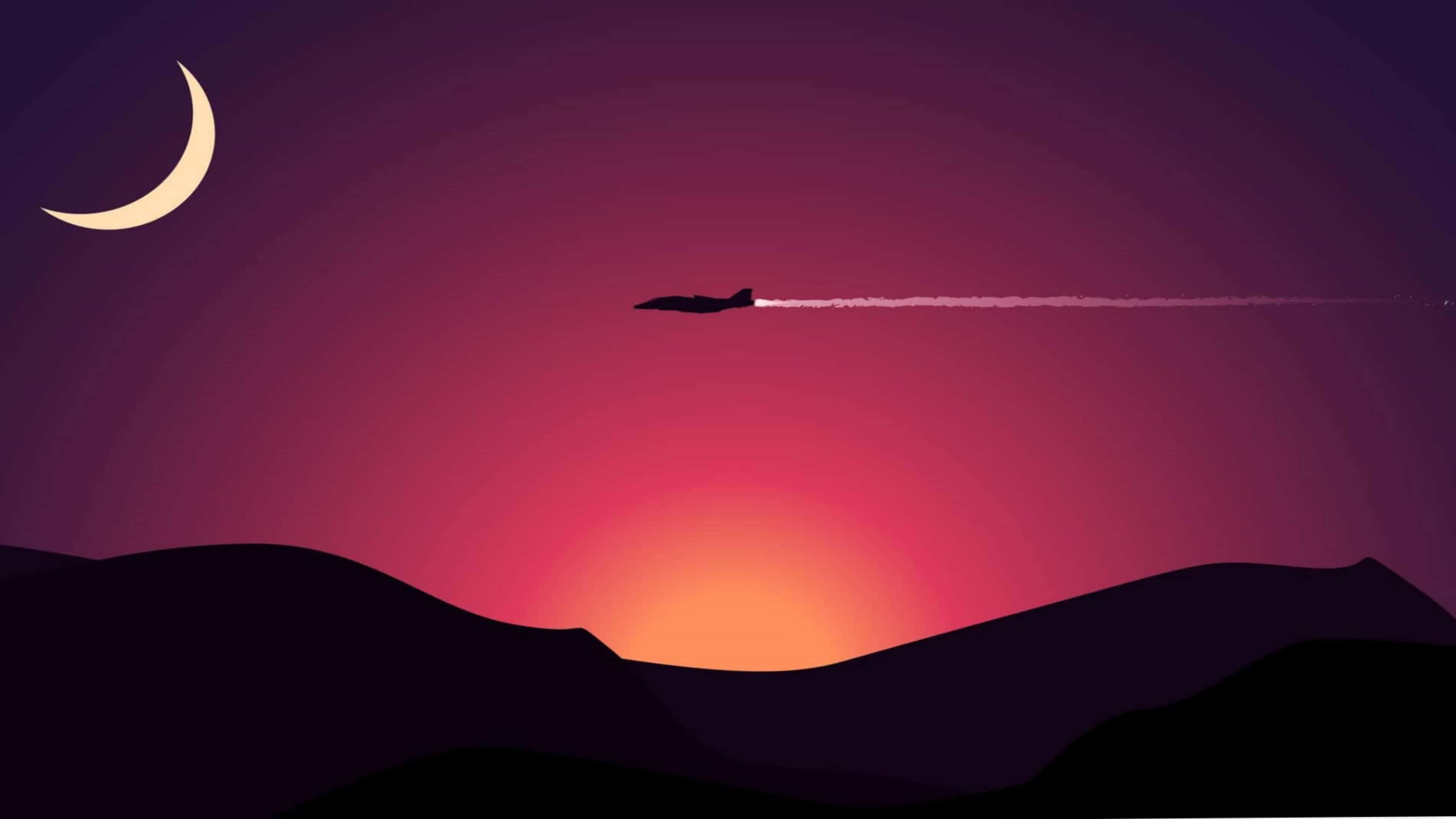 4K極簡飛機日落月色 壁紙 — 一架噴射機劃過暮色天空，上方有新月，下方有山巒剪影。
