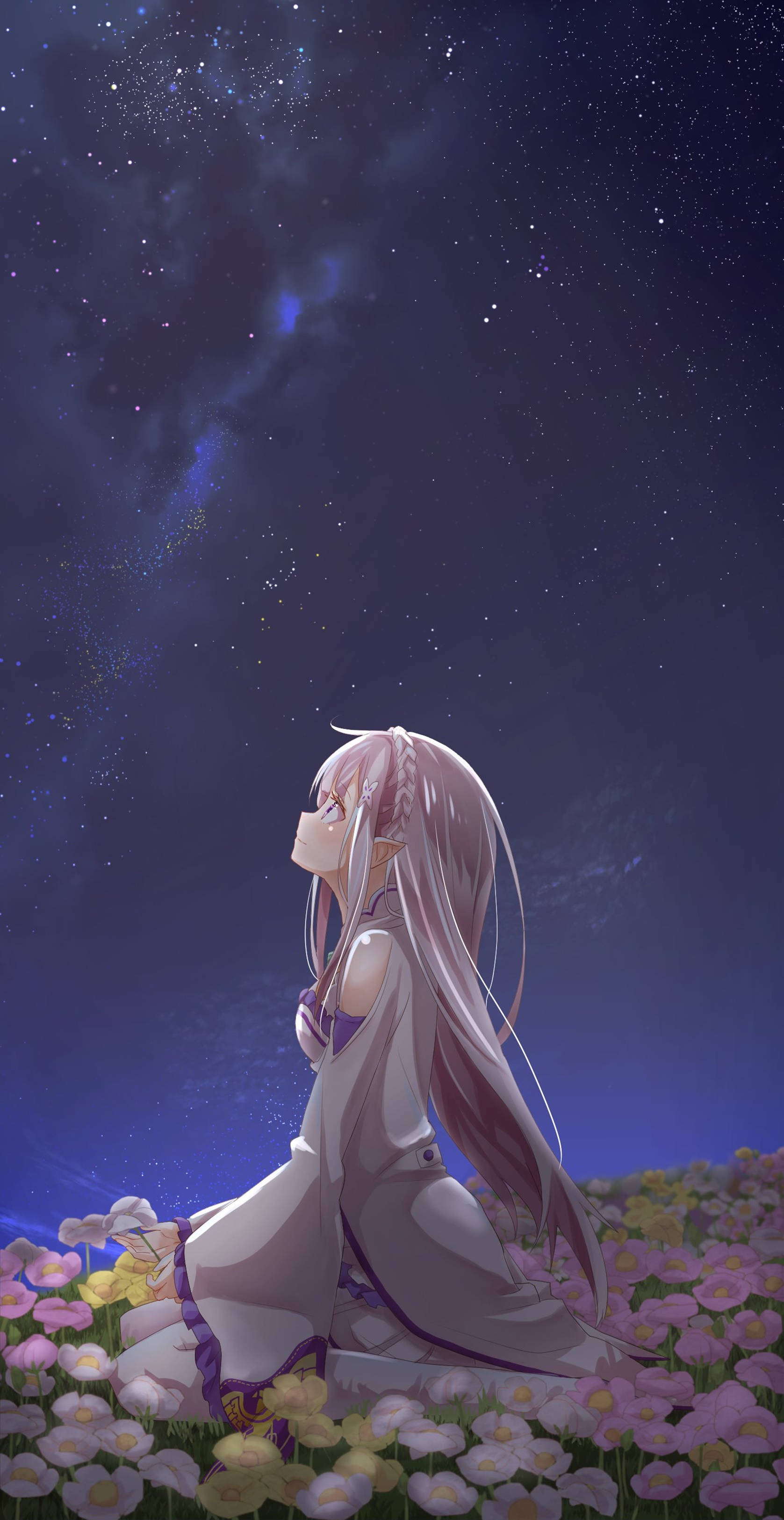 動漫女孩在花田中仰望星空夜空。 — 4K 動漫 壁紙