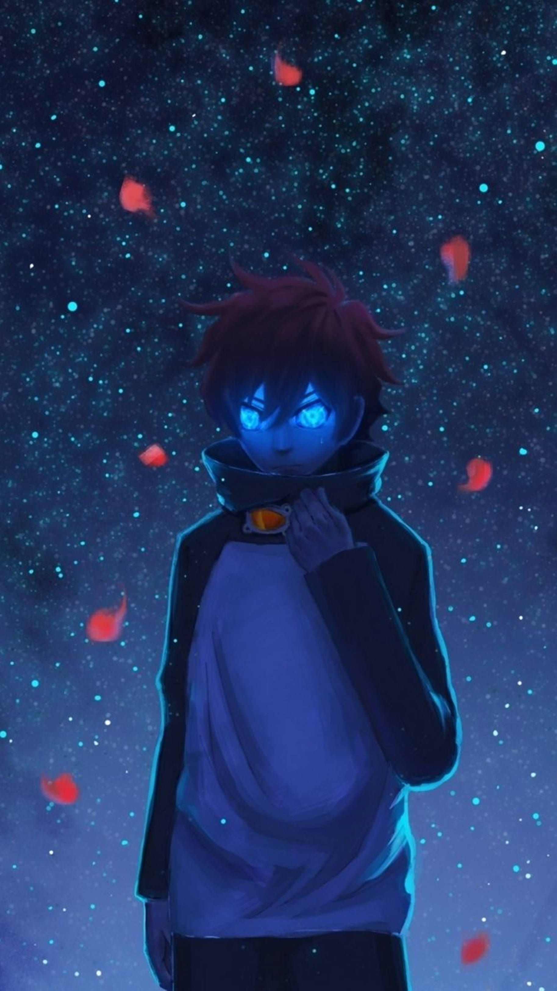 動漫男孩眼睛發光，星空下飄浮紅色花瓣 — 4K 動漫 壁紙