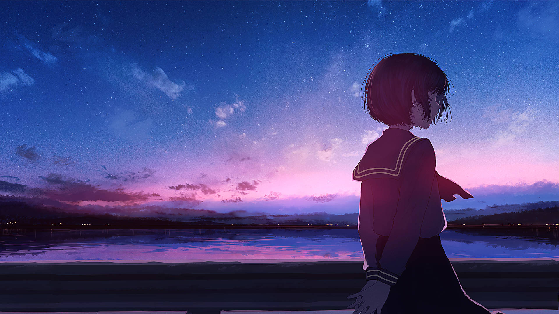 穿著水手服的動漫女孩站在星空黃昏的湖邊。
