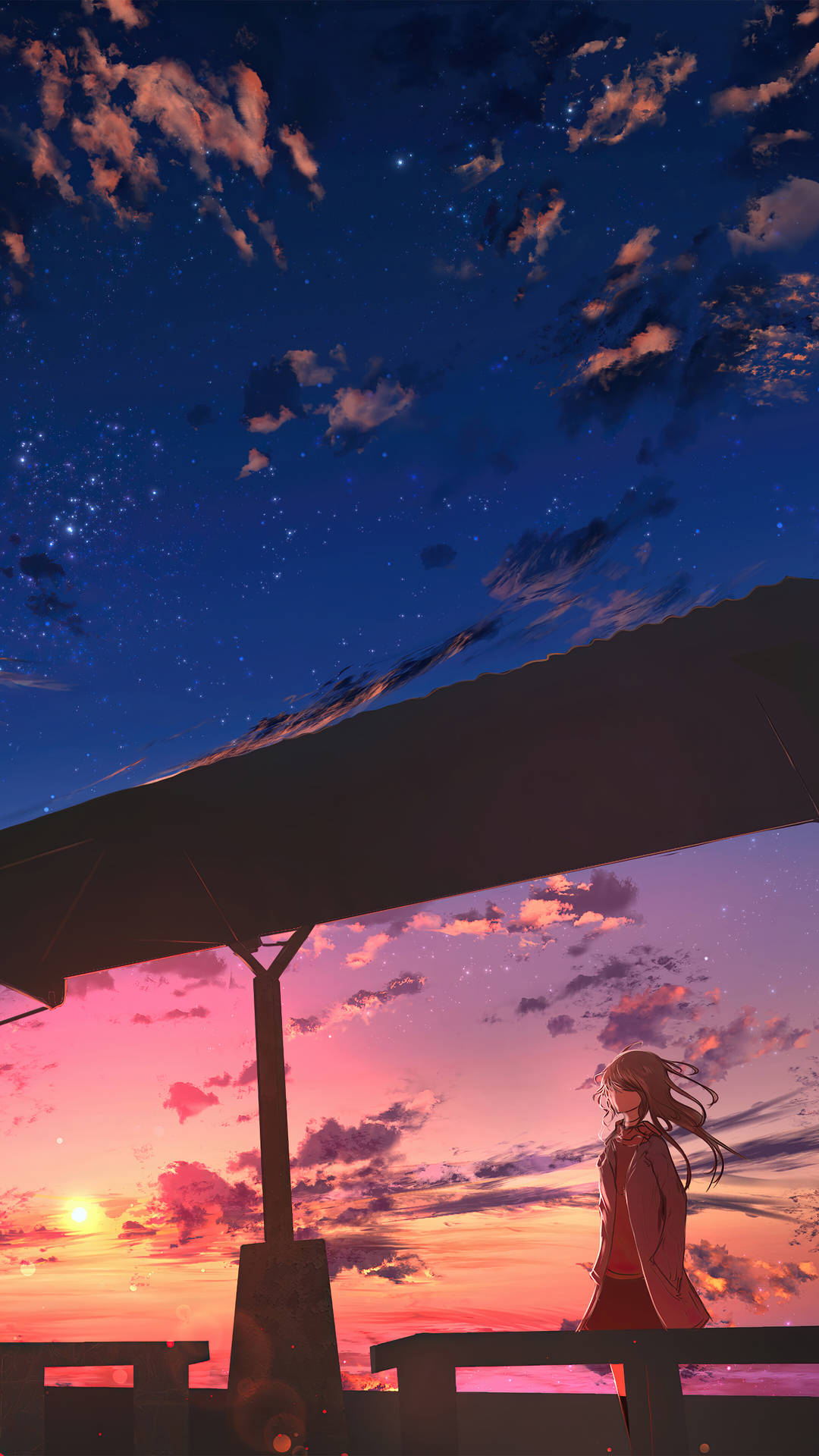 動漫女孩在屋頂上看夕陽變成繁星夜空