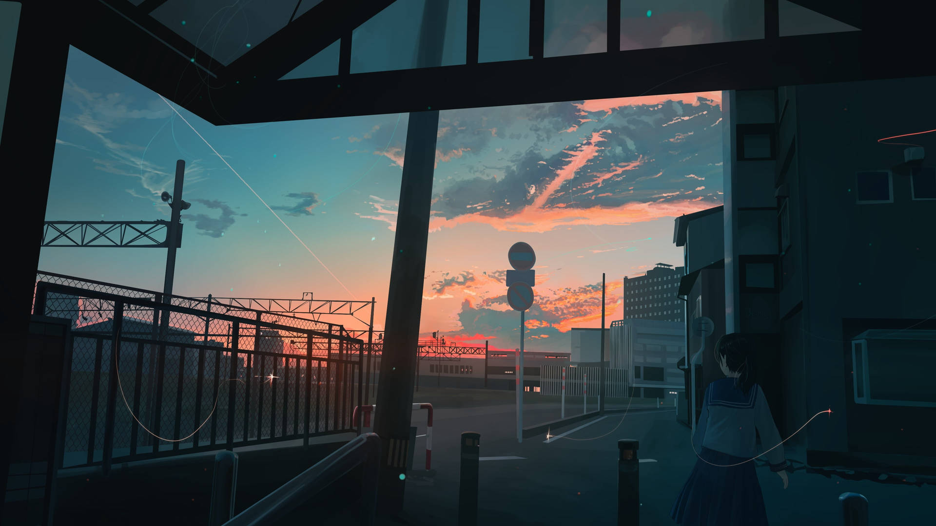 夕陽下，車站天橋下的動漫女學生。
