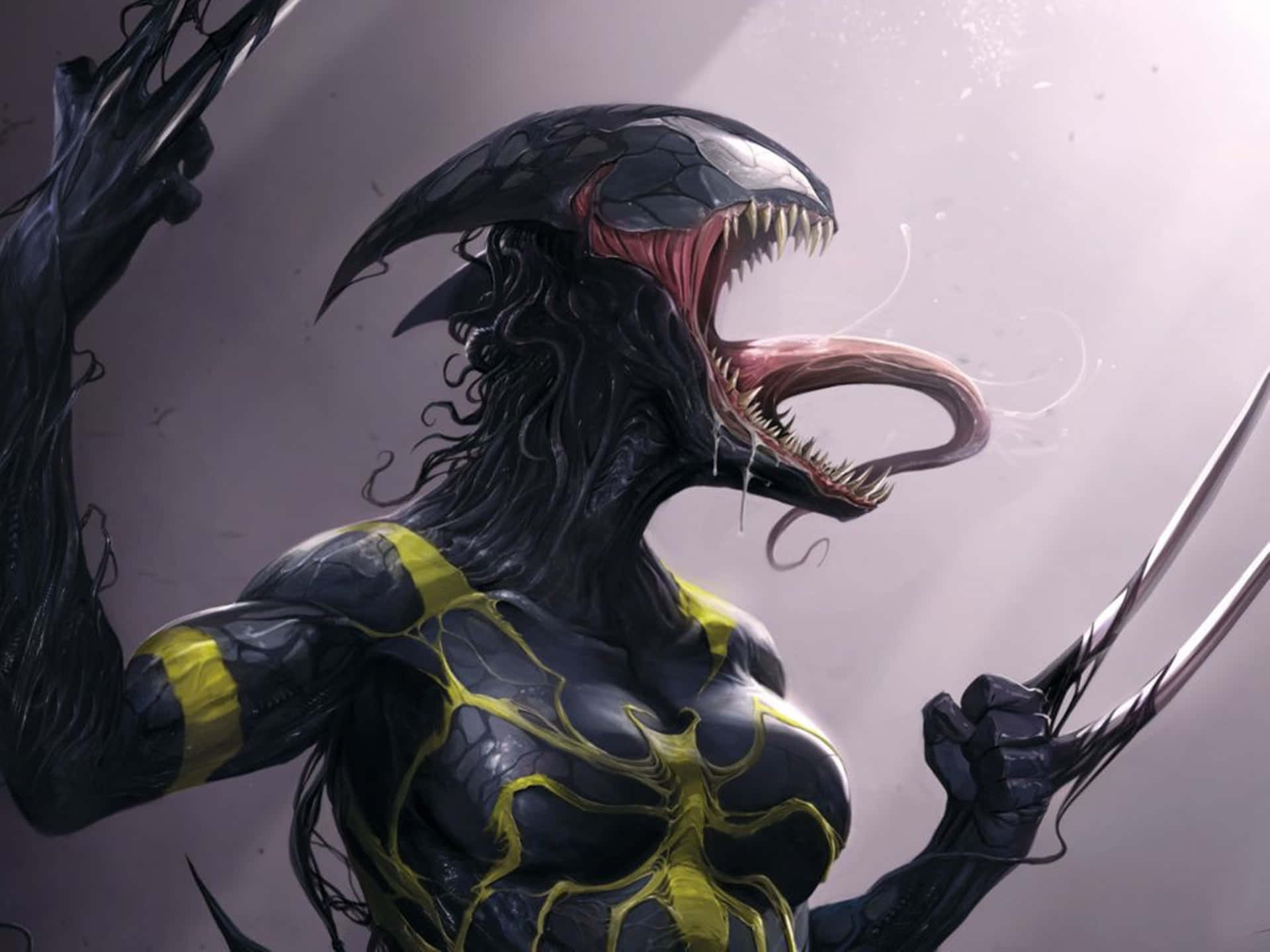 帶有黃色共生體圖案嘅Venom超級英雄，伸出爪咆哮。