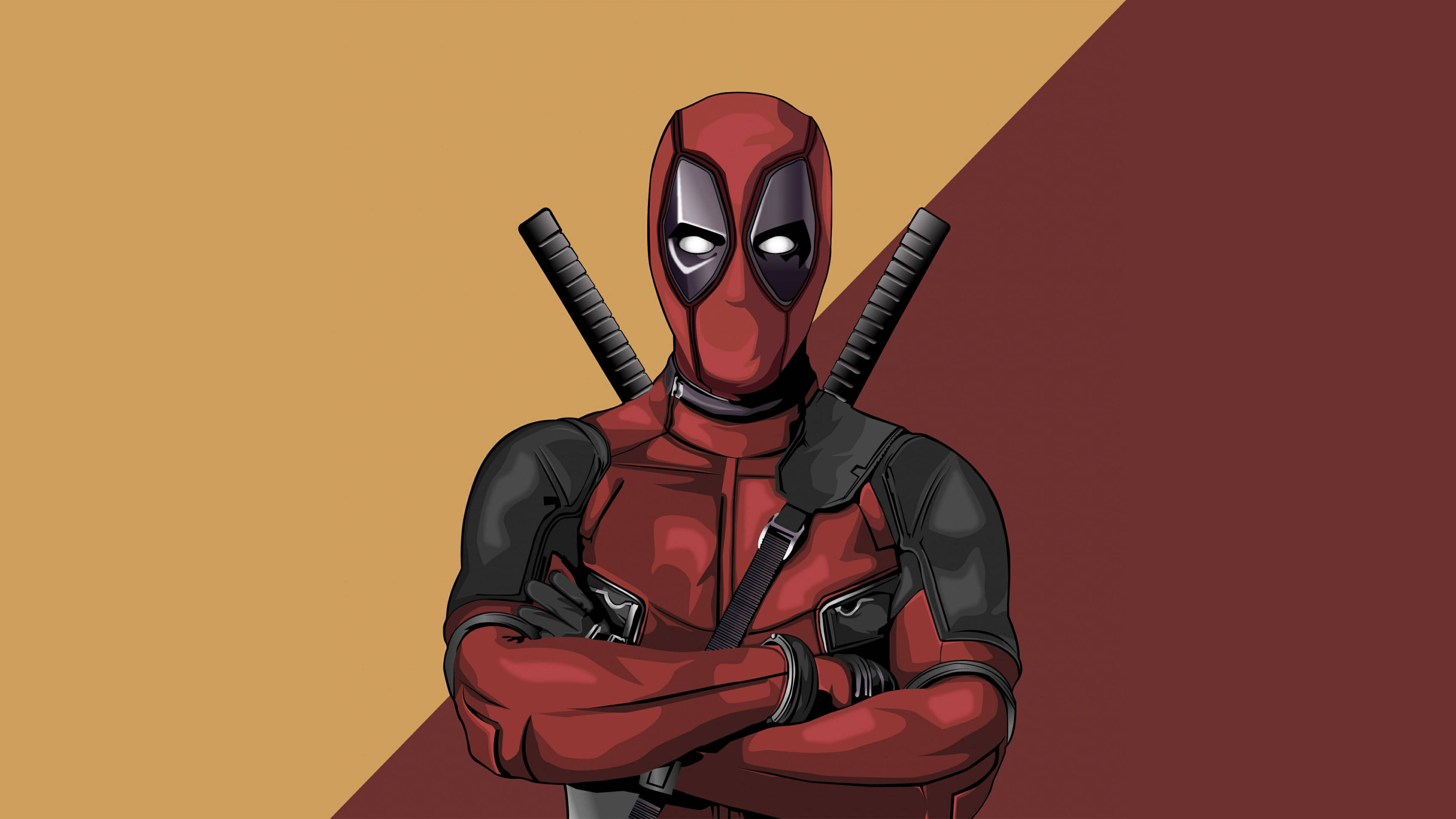 4K 向量 Deadpool 跨臂圖 壁紙 — 死侍自信地交叉雙臂站立，背後有兩把武士刀，背景為大膽的對角橙色和栗色。