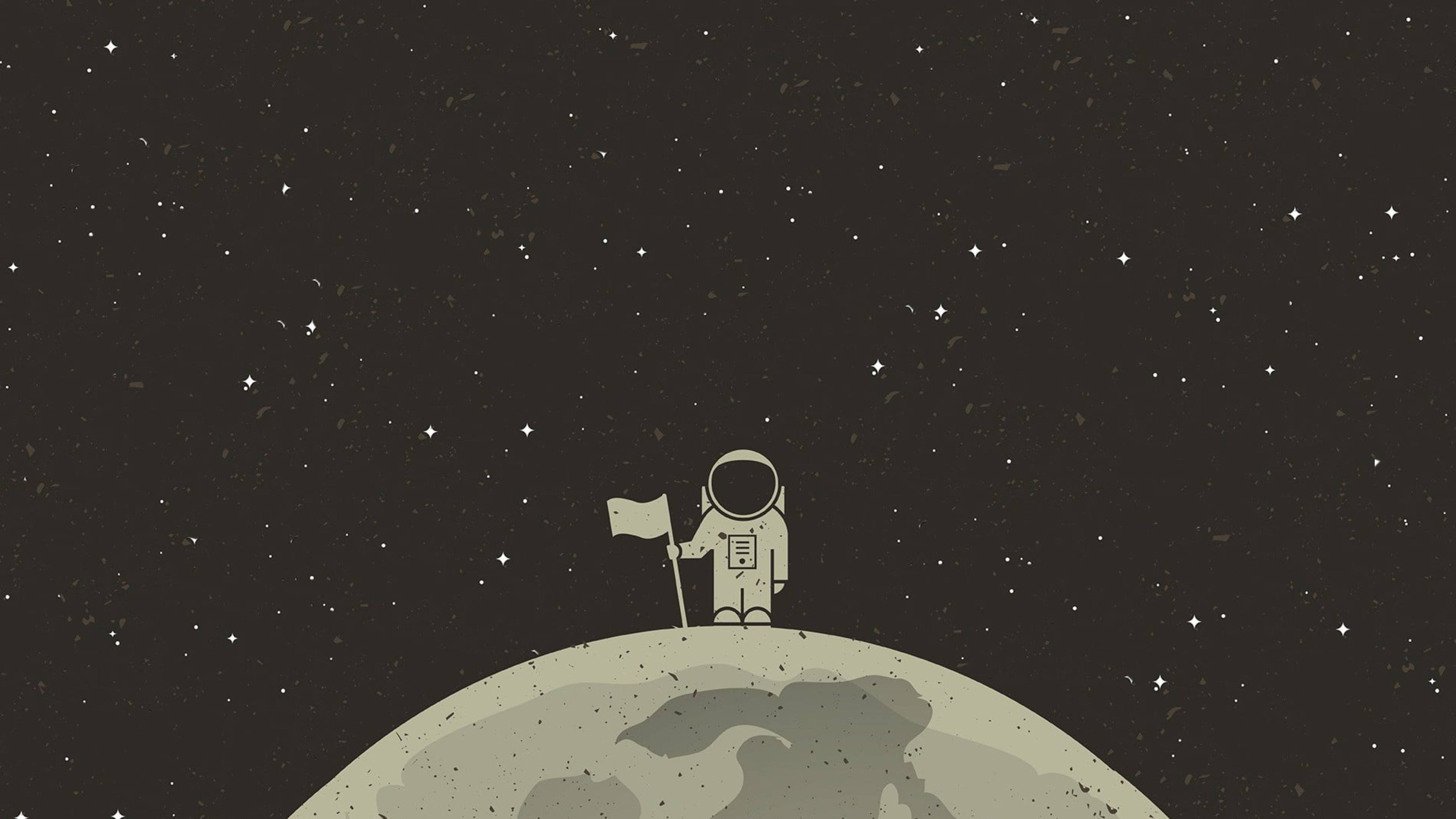 4K 向量太空人 壁紙 — 一位孤獨的太空人站在月球隕石坑頂，在繁星點點的夜空下插旗。
