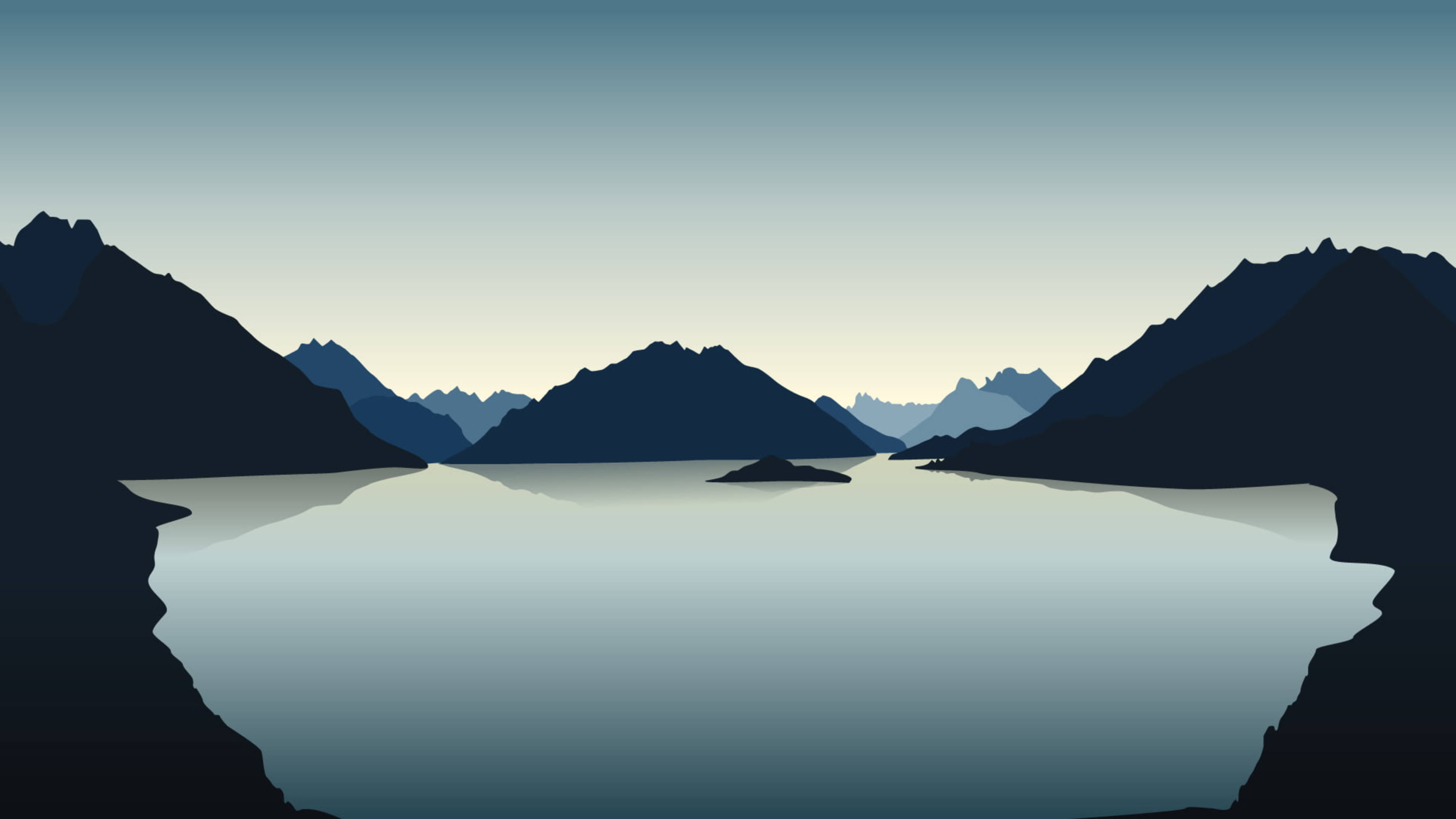 4K 向量湖景 壁紙 — 剪影山脈在漸變暮色天空下倒映在平靜的水面上。