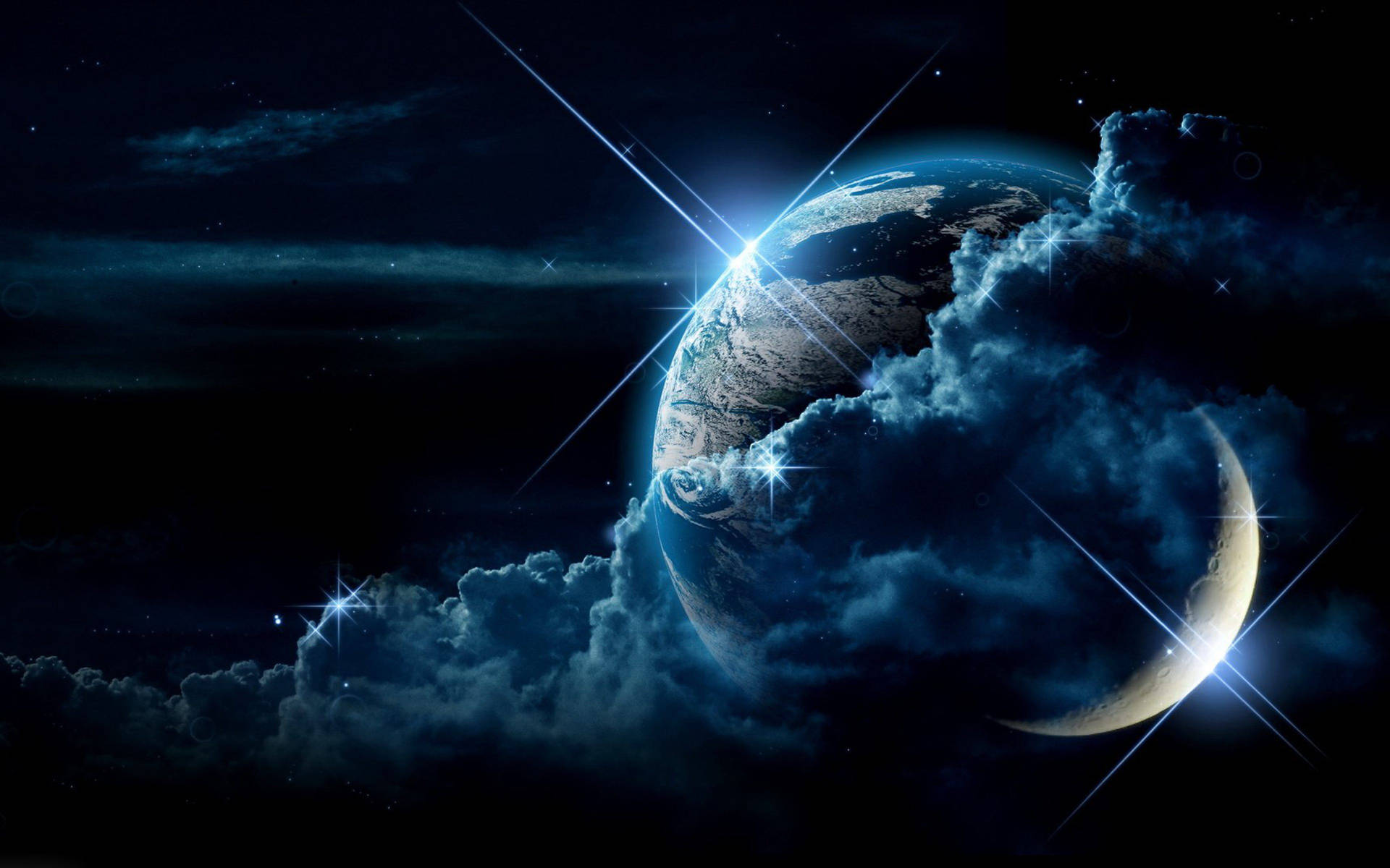 藍色行星和彎月在繁星點點的夜空中透過雲層發光。