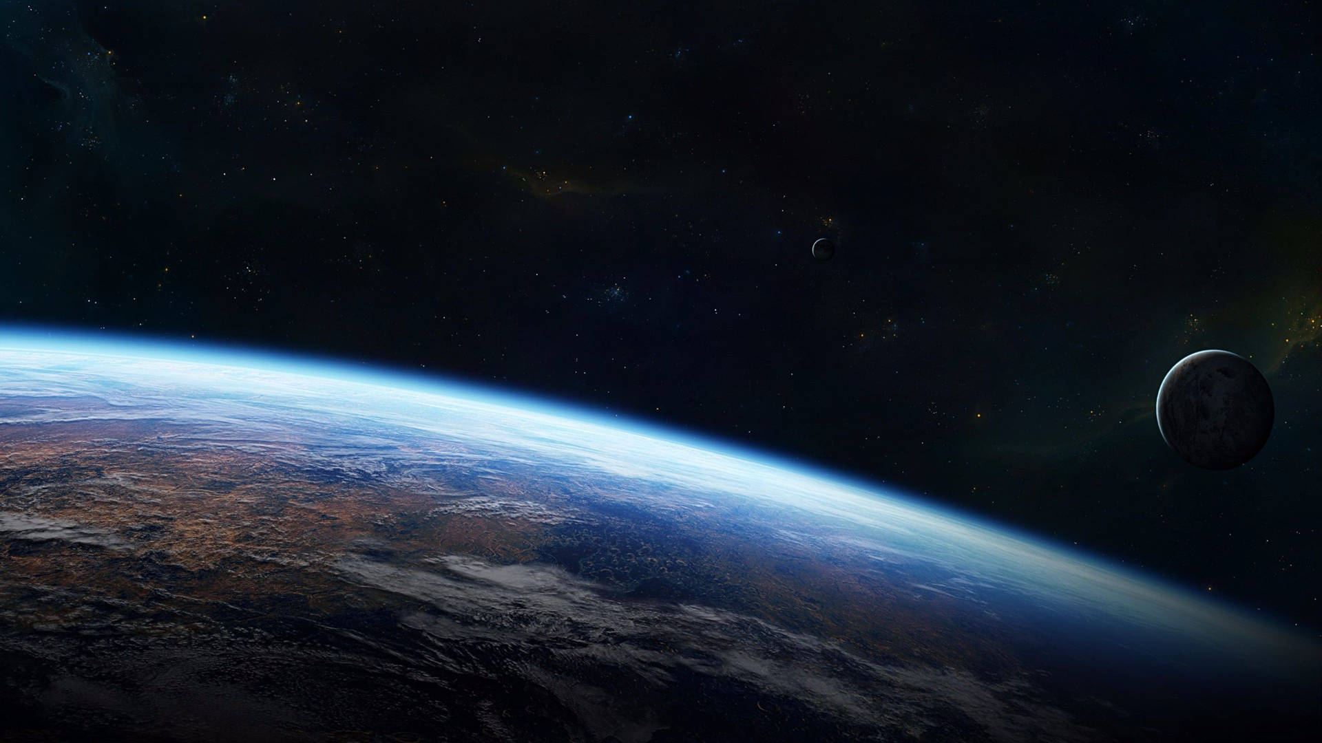 從太空觀看地球，星空中有月球和遙遠行星。