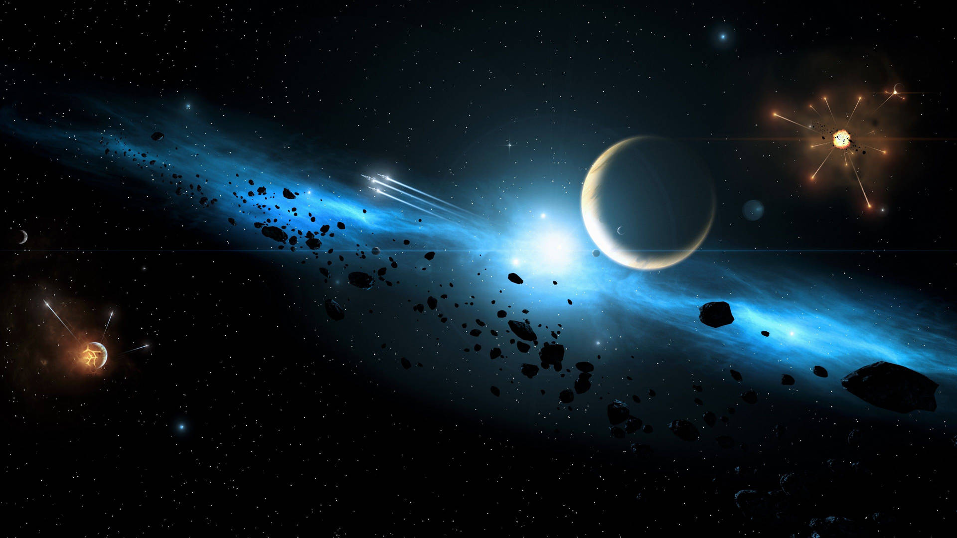 一個充滿活力的藍色星雲和小行星在深空中漂浮在新月行星附近。