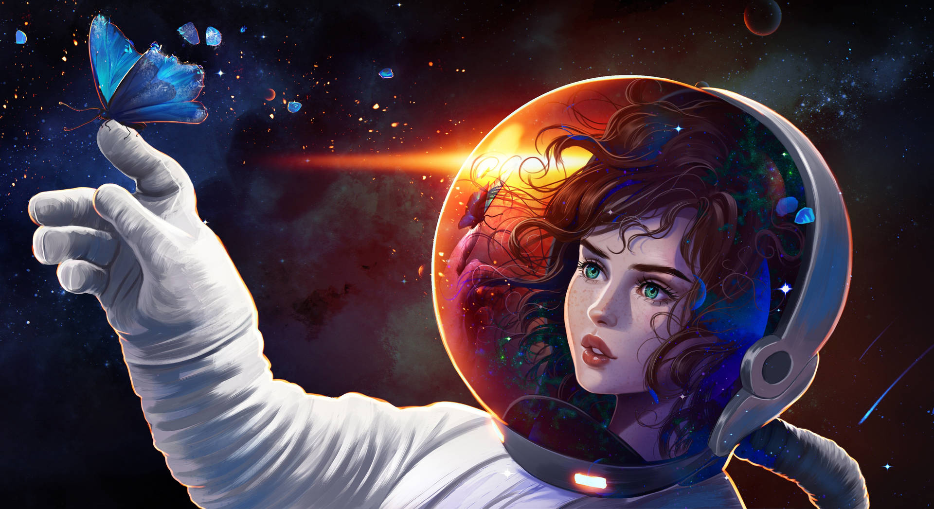 一位穿著太空衣的女性在外太空拿著一隻藍色蝴蝶。 — 唯美蝴蝶動圖 壁紙