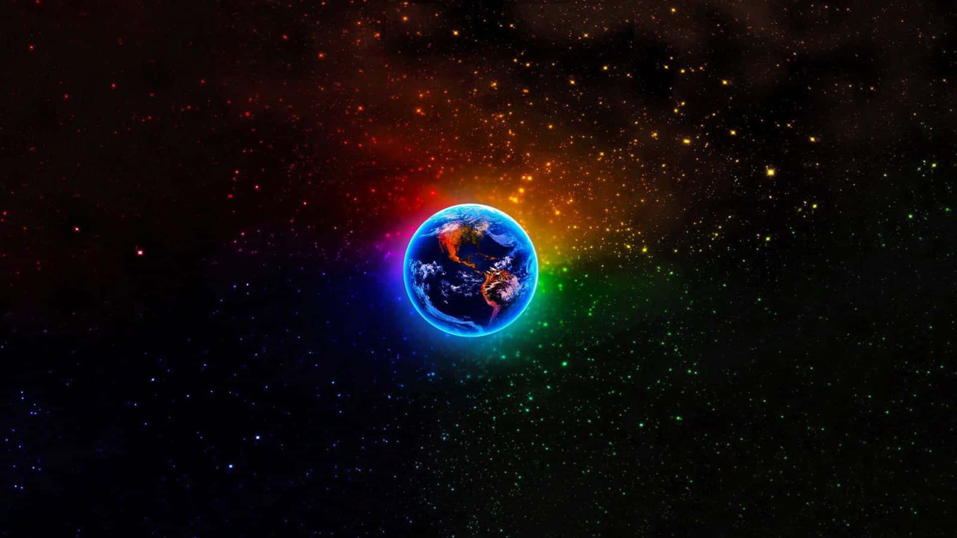 在佈滿星星的太空場景中，地球被發光的彩虹光環包圍。