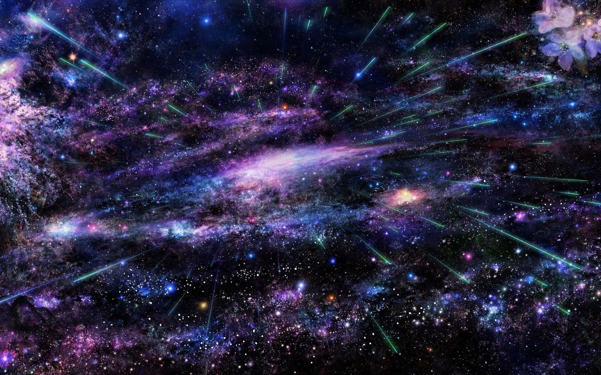 色彩鮮豔的宇宙星雲，帶有綠色流星和閃爍的星星。