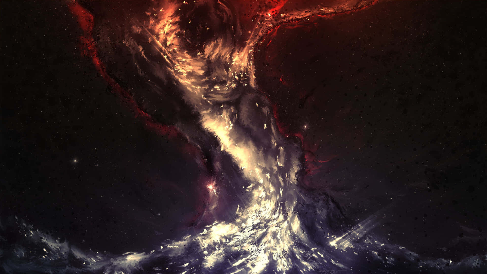 深空中帶有紅色和白色漩渦的鮮豔宇宙星雲。