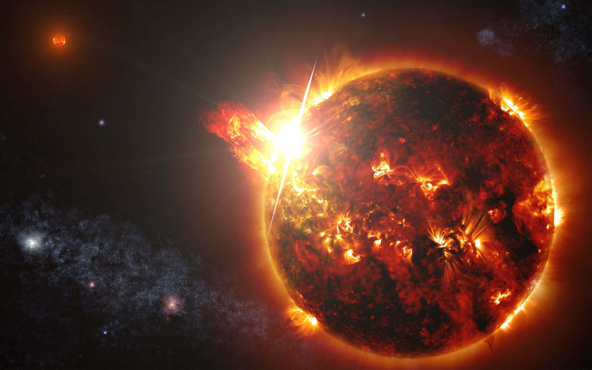一顆燃燒的太陽，太陽耀斑射向太空，附近有星雲和遙遠的恆星。