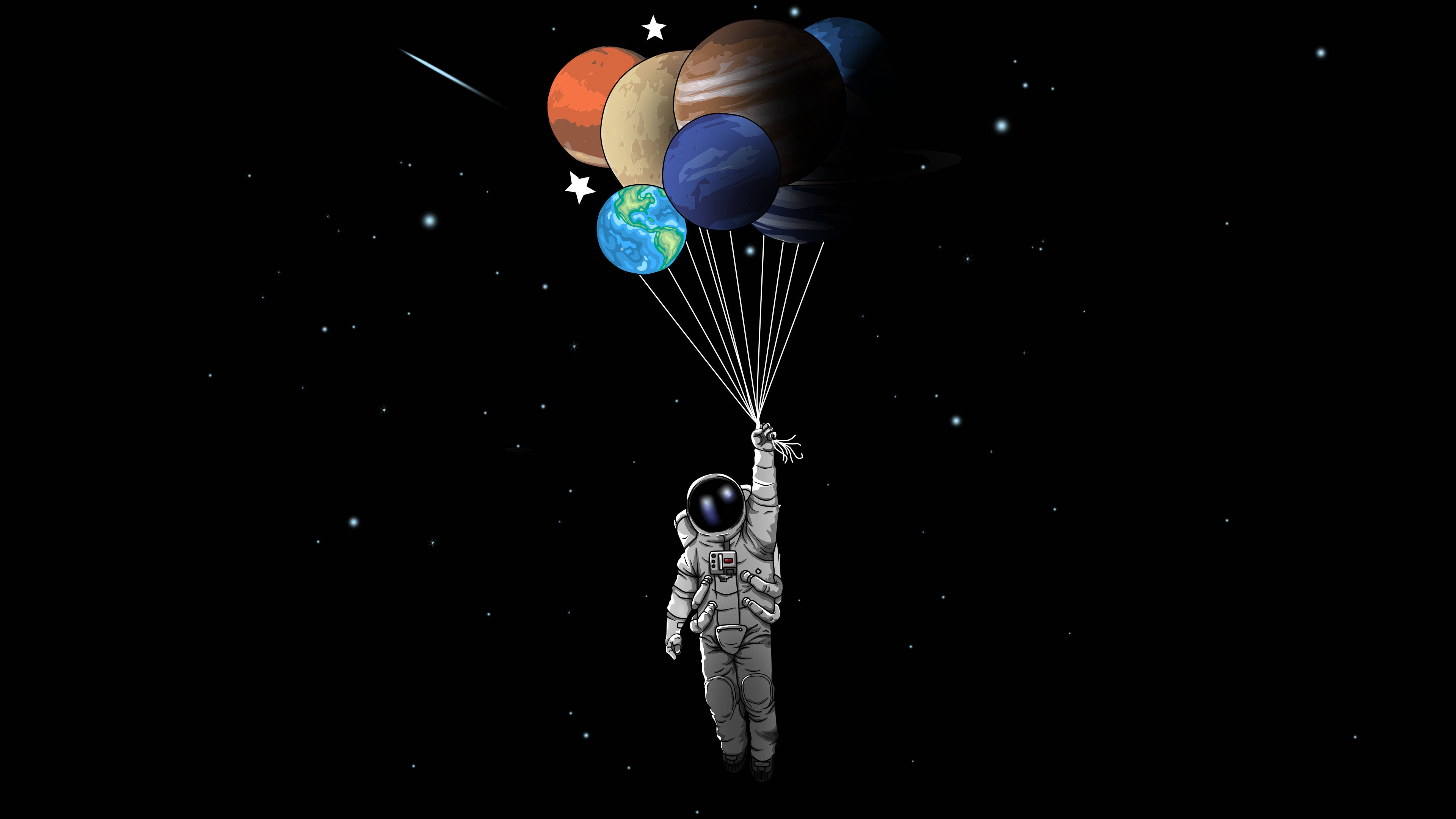 4K 宇航員手持行星氣球 壁紙 — 一名太空人在星空中漂浮，手持連接到彩色行星氣球的繩索。