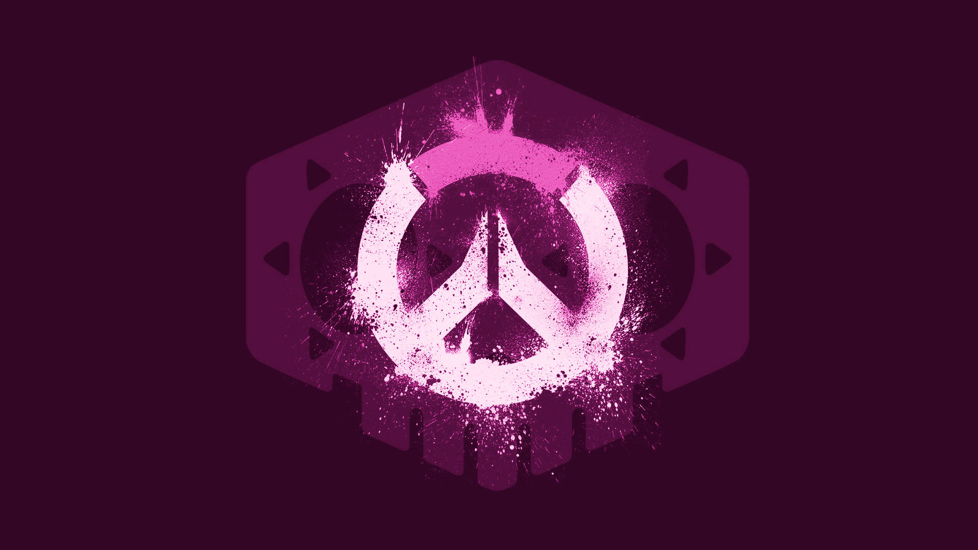 深紫色背景上帶有粉紅色飛濺效果的Overwatch標誌
