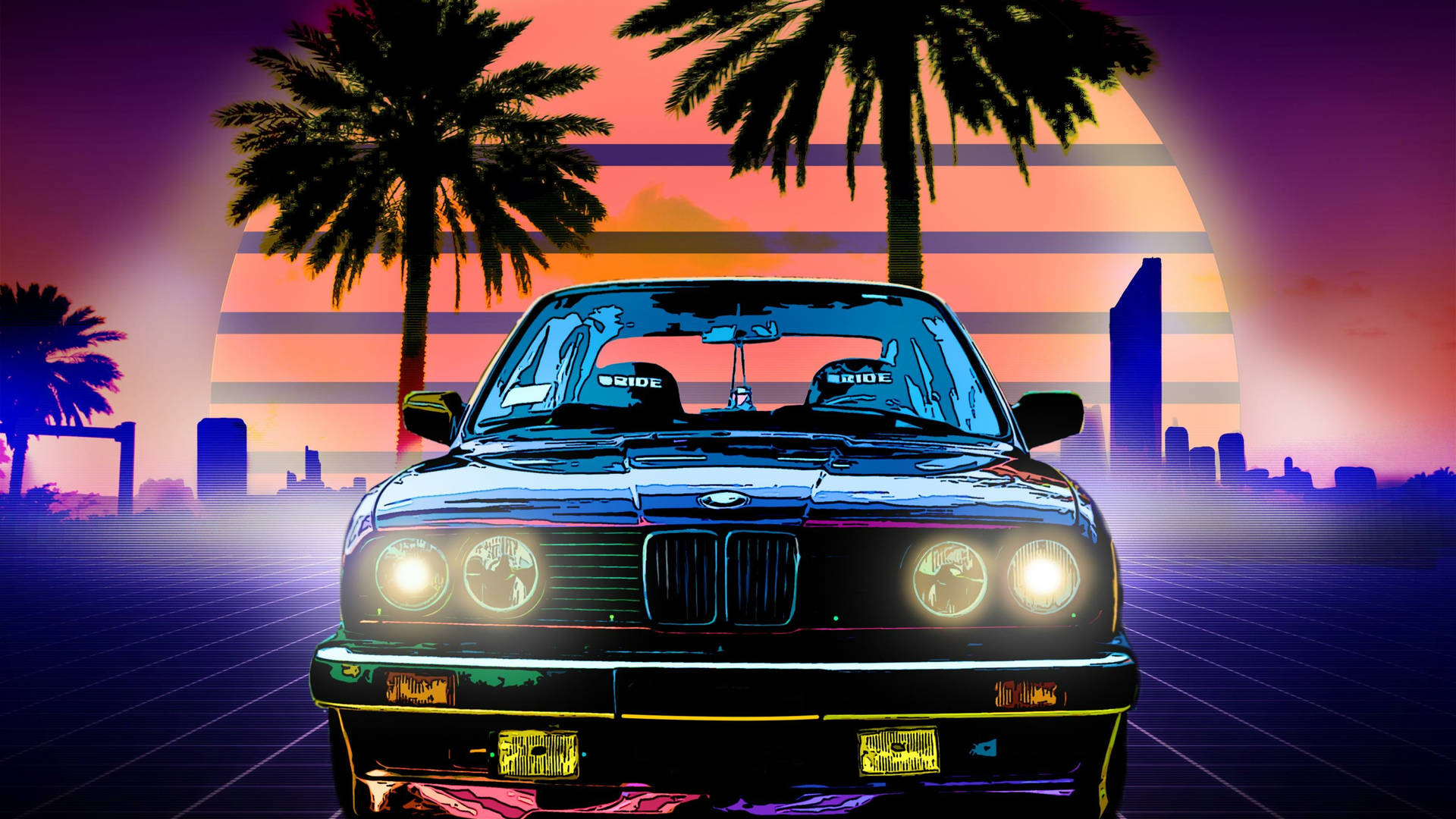 經典BMW E30，車頭燈在霓虹夕陽和棕櫚樹襯托下發光。 — 4K BMW 壁紙 壁紙