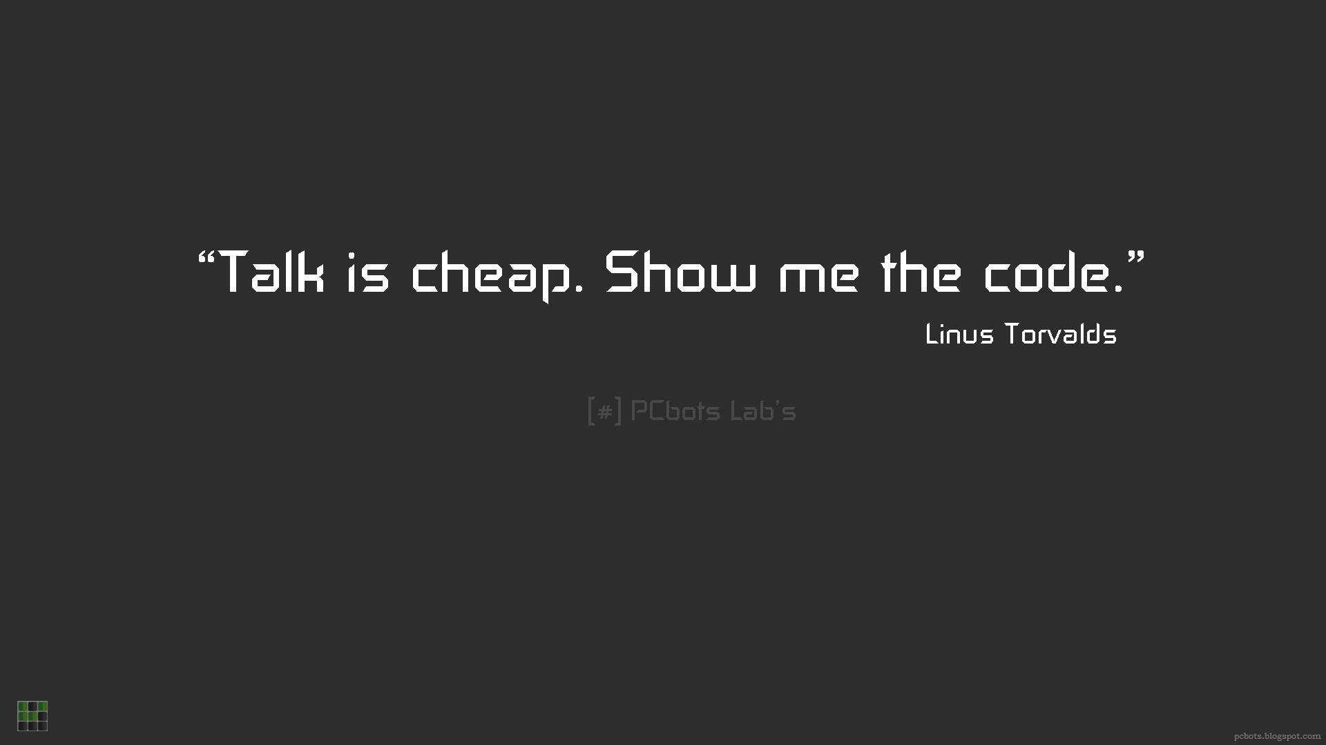 深灰色背景，白色文字引用 Linus Torvalds 關於展示代碼的引言。