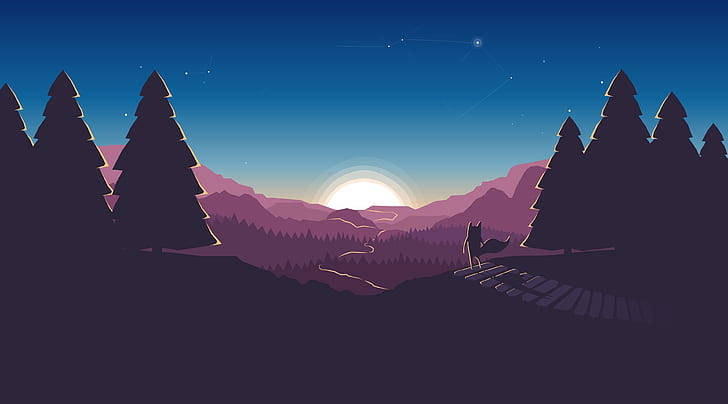 日落時分，一隻狼在橋上俯瞰群山。