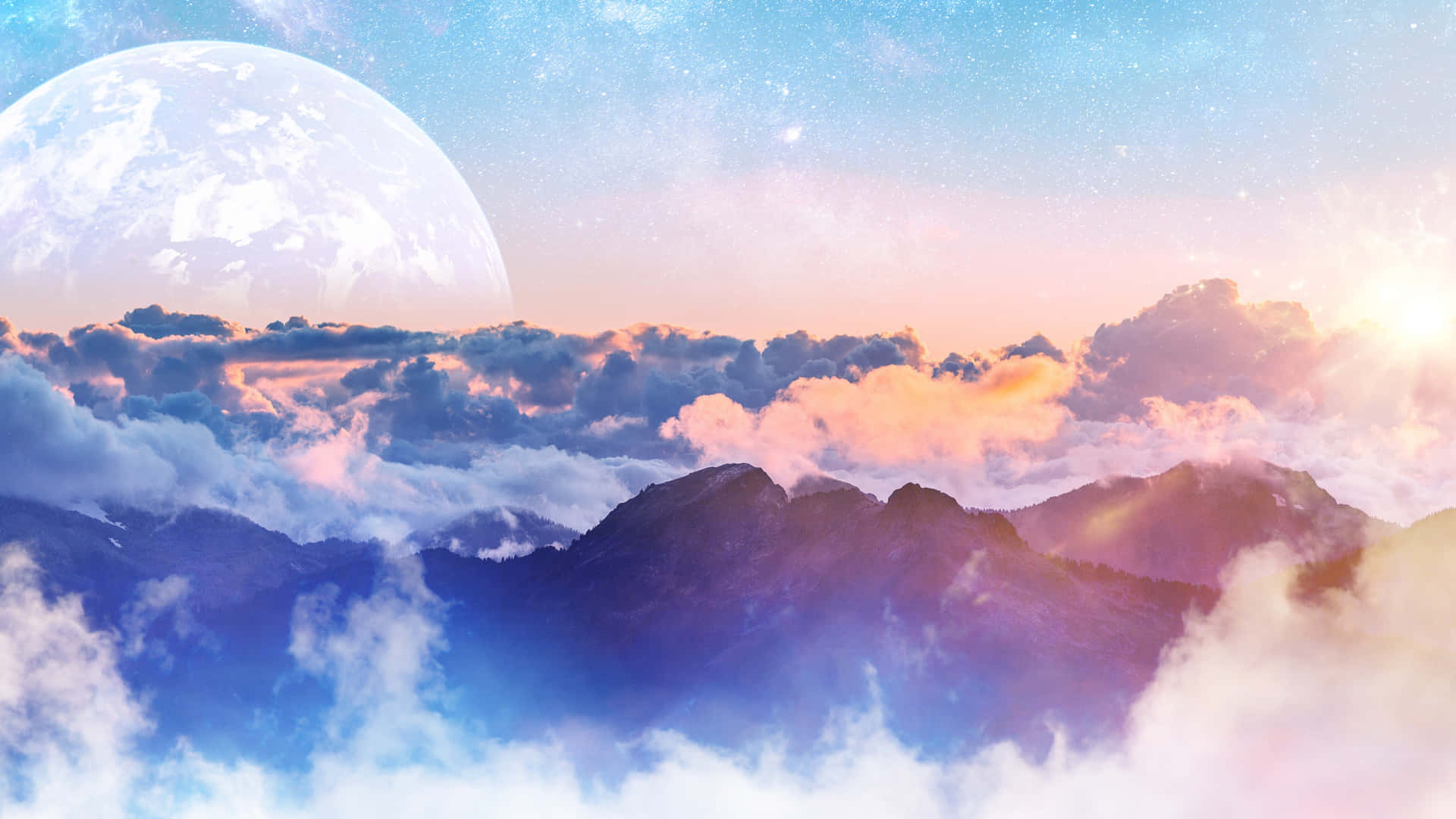 在巨大的月亮和星空下，山脈聳立於雲層之上。