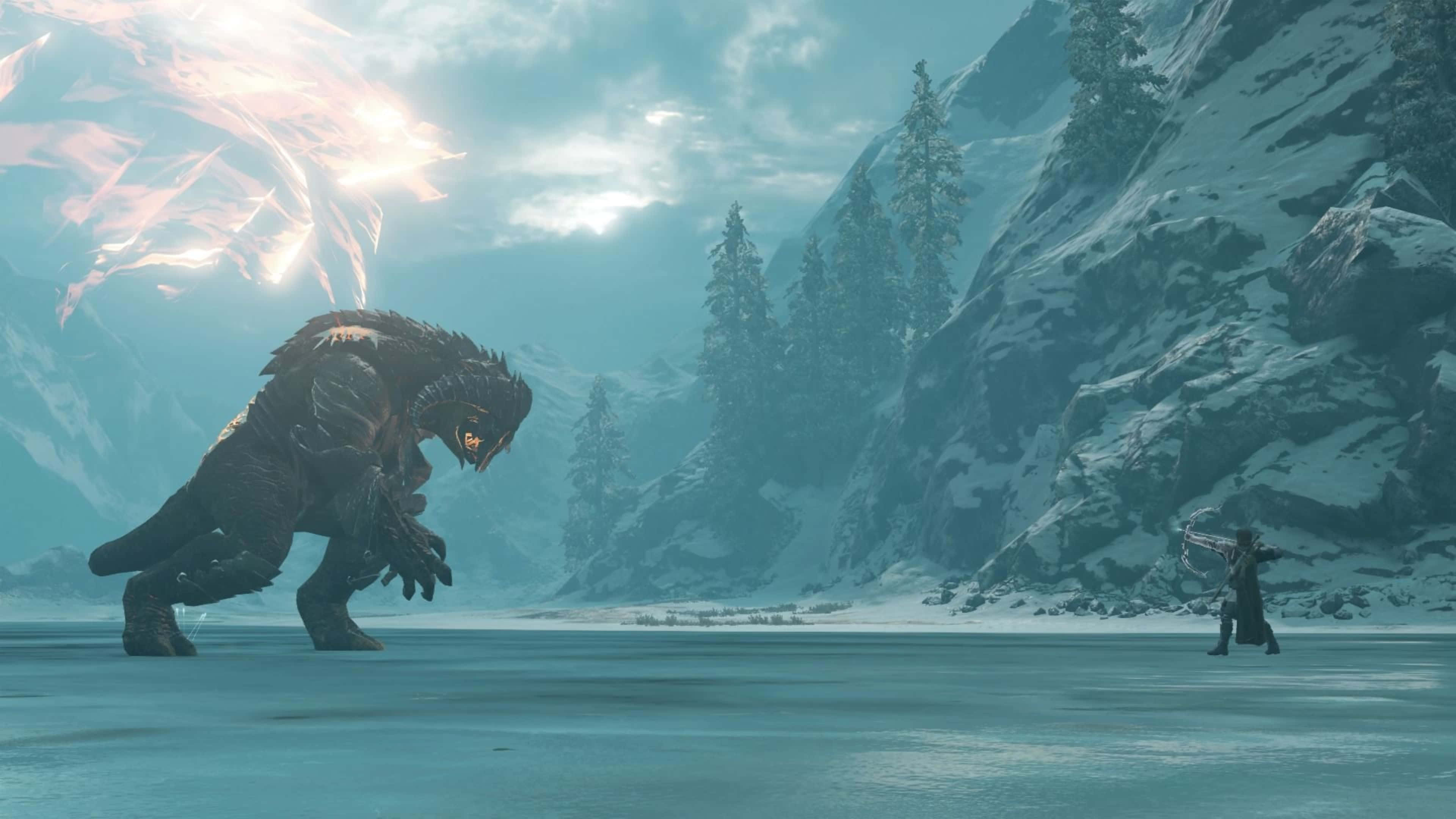 4K《影子戰爭》弓箭手對戰魔物背景 壁紙 — 一位孤獨的戰士在冰凍平原上面對一隻巨大的裝甲野獸，背景是發光的天空和白雪覆蓋的山脈。