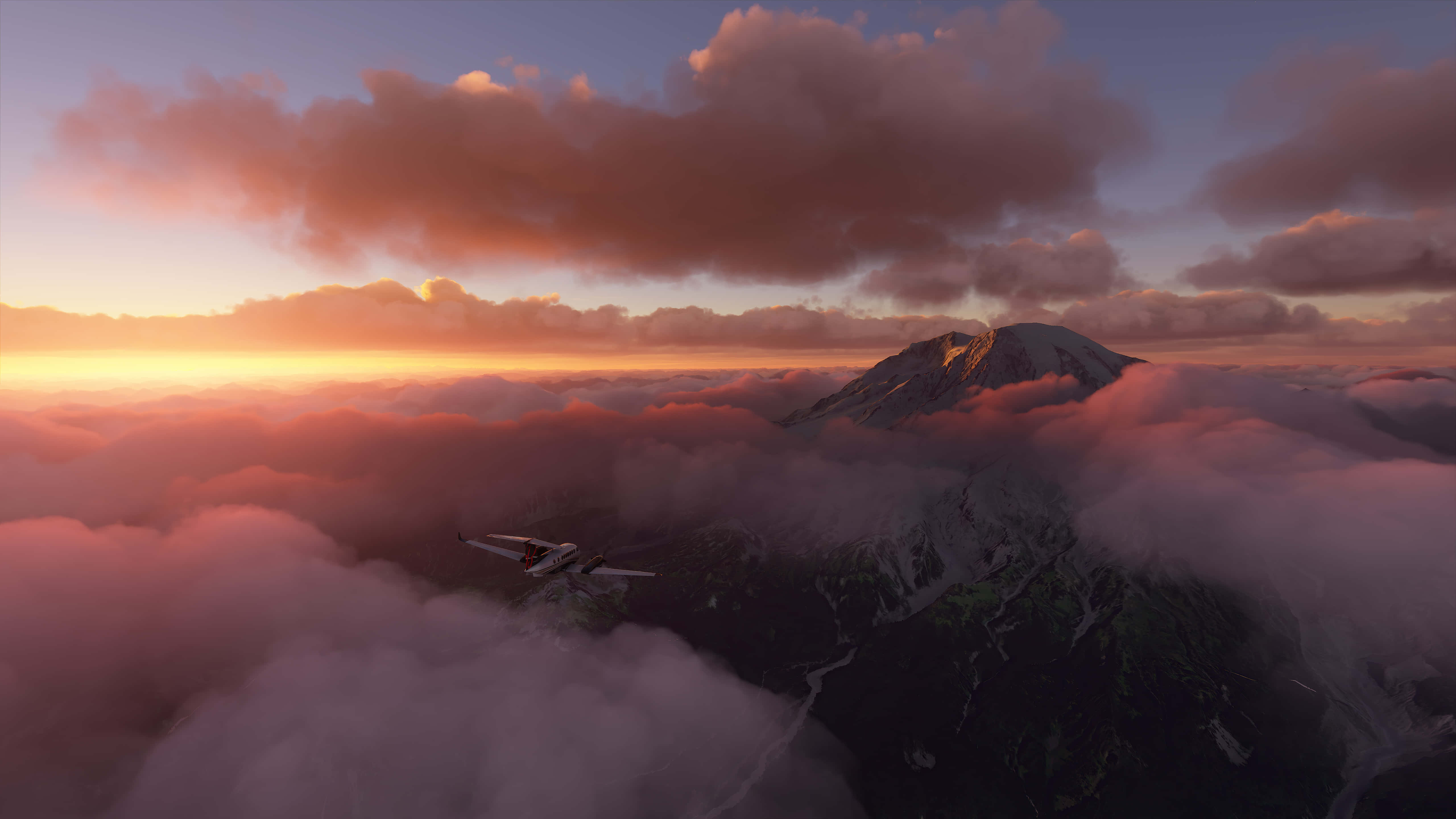 4K 微軟模擬飛行背景：飛機飛向山脈 壁紙 — 一架小型飛機在日出時飛越粉紅色雲海，遠處有積雪的山峰聳立。